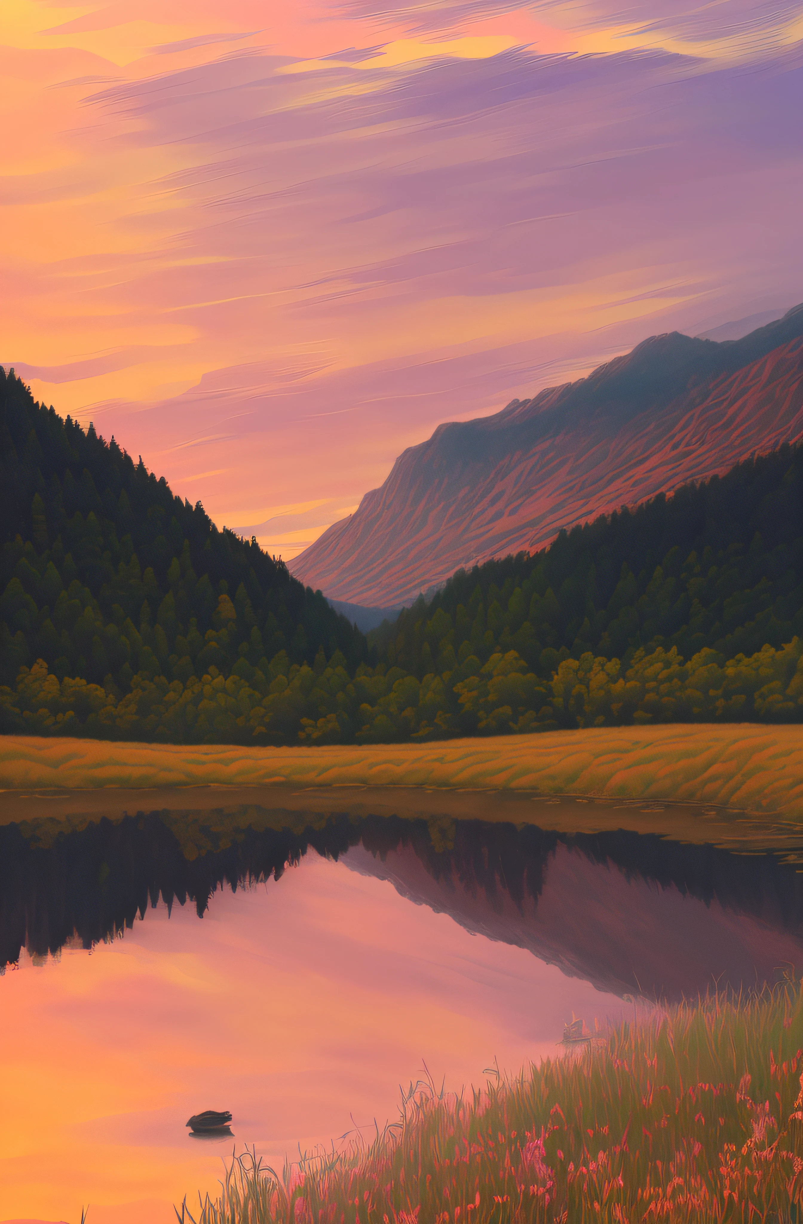 painting of a mountain lake with reflection in the water, twilight ; digital oil painting, detailed painting 4 k, detailed digital painting, 8 k resolution digital painting, 8k resolution digital painting, sunset in a valley, painted landscape, twilight ; digital painting, digital 4k painting, high detail digital painting, painted in high resolution, very detailed digital painting