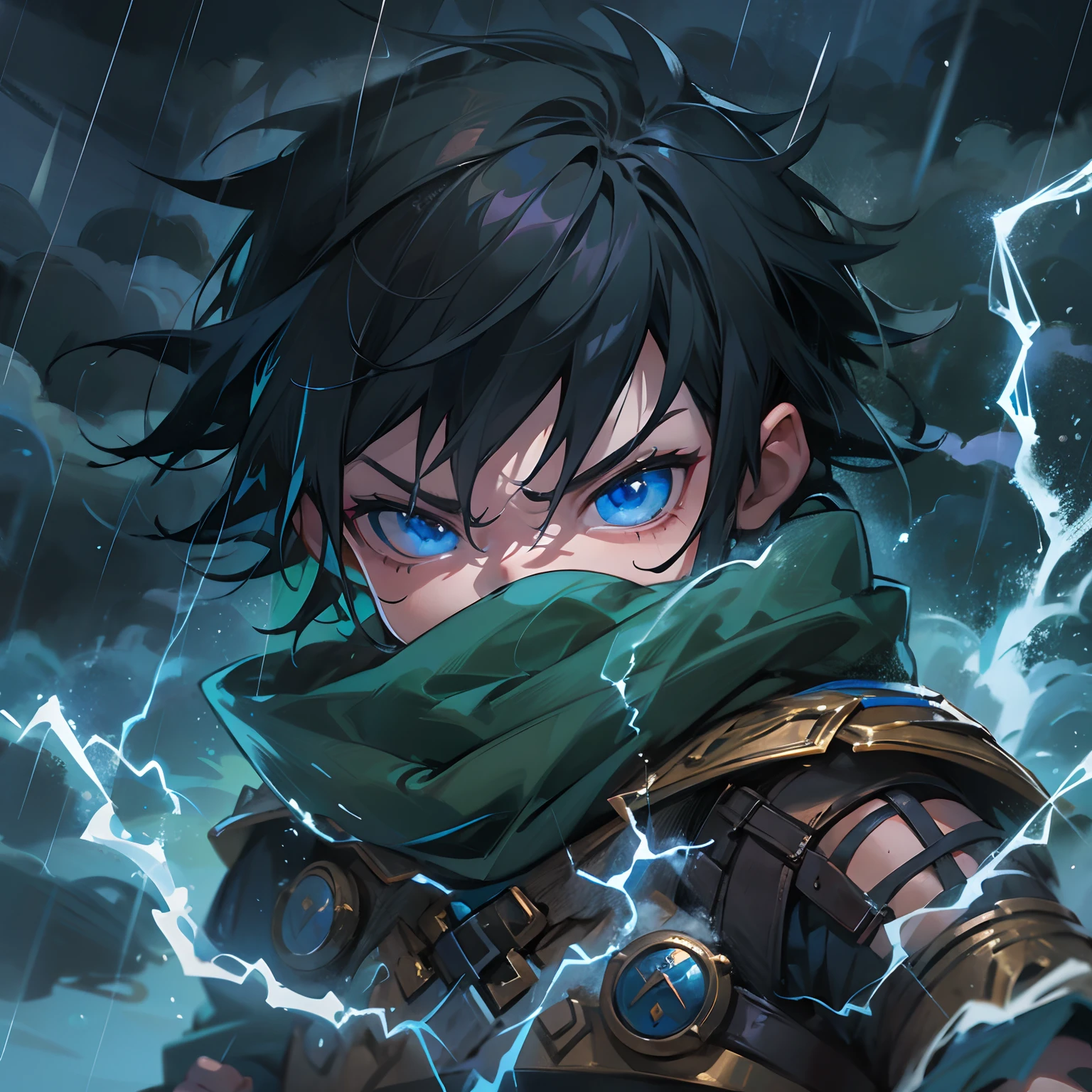 A handsome young child with blue eyes and medium-sized black hair, como um corte de cabelo na altura da orelha, corte com cabelo igual ao do Itachi Uchiha, mas com a lateral do cabelo raspada, This young man is a warrior, He wears a battle suit and is in the middle of a storm, no topo de uma montanha, Like a Prince of Thunder, the sky lit by lightning in the storm, electricity by his thunder magic body he is like a thunder god: Como Thor, He's a child warrior, magical dark sky, nuvens negras no meio de uma tempestade, water, Rain and Thunder An Art for an RPG A Medieval Art for an RPG