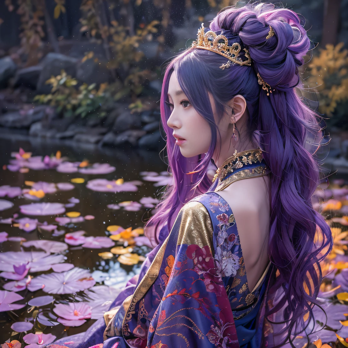 Genki Girl 32K(tmasterpiece,k hd,hyper HD,32K)Long flowing bright purple hair,Autumn Pond,zydink, a color, Asian people (Genki girl), (Silk scarf), Combat posture, looking at the ground, long whitr hair, Floating bright purple, Fire cloud pattern gold tiara, Chinese long-sleeved gold silk garment, (Abstract metaverse splash:1.2), white backgrounid,Lotus vitality protector(realisticlying:1.4),Bright purple hair,Smoke on the road,The background is pure, A high resolution, the detail, RAW photogr, Sharp Re, Nikon D850 Film Stock Photo by Jefferies Lee 4 Kodak Portra 400 Camera F1.6 shots, Rich colors, ultra-realistic vivid textures, Dramatic lighting, Unreal Engine Art Station Trend, cinestir 800,A girl with long flowing bright purple hair