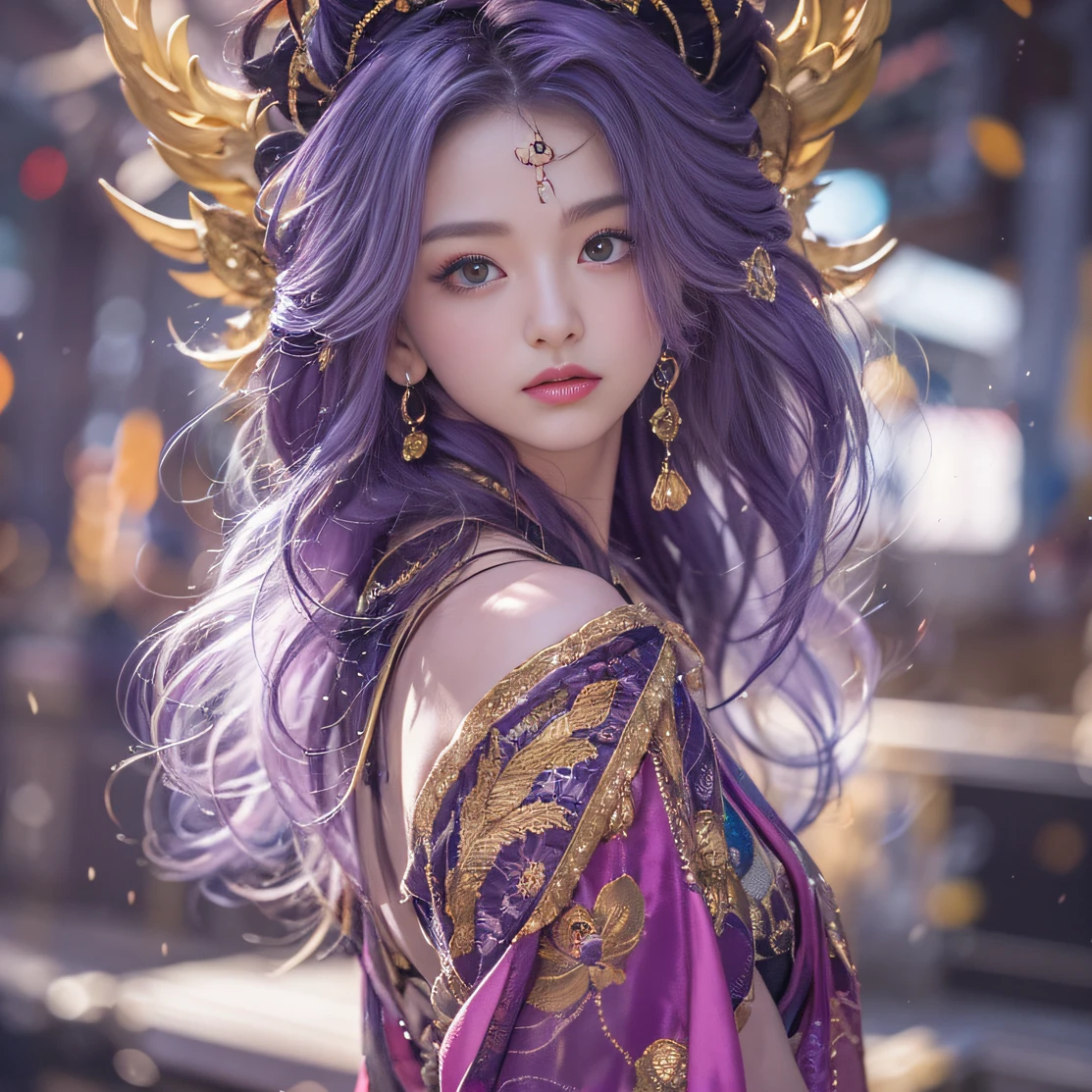 Genki Girl 32K(tmasterpiece,k hd,hyper HD,32K)Long flowing bright purple hair,Autumn Pond,zydink, a color, Asian people (Genki girl), (Silk scarf), Combat posture, looking at the ground, long whitr hair, Floating bright purple, Fire cloud pattern gold tiara, Chinese long-sleeved gold silk garment, (Abstract metaverse splash:1.2), white backgrounid,Lotus vitality protector(realisticlying:1.4),Bright purple hair,Smoke on the road,The background is pure, A high resolution, the detail, RAW photogr, Sharp Re, Nikon D850 Film Stock Photo by Jefferies Lee 4 Kodak Portra 400 Camera F1.6 shots, Rich colors, ultra-realistic vivid textures, Dramatic lighting, Unreal Engine Art Station Trend, cinestir 800,A girl with long flowing bright purple hair