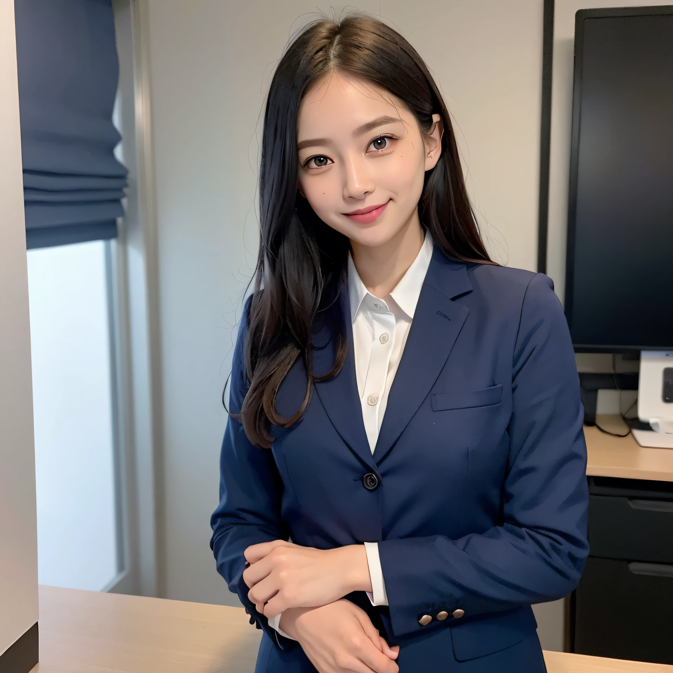 1 girl in、Officelady、Dark blue office blazer、Button Up Color Prim、Button Down Color Prim、cute little、a smile、blue-sky、Eyes in Beautiful Details、Business attire、full bodyesbian