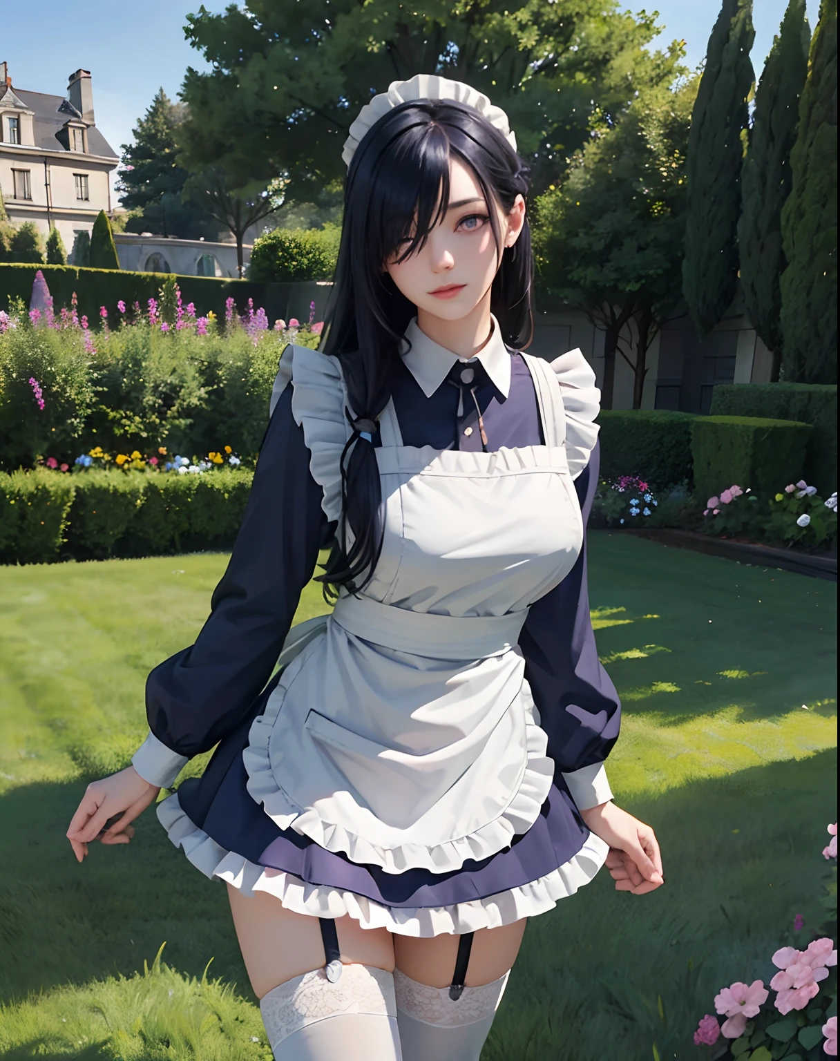 masterpiece, best quality, ultra-detailed, illustration, epic lighting, cinematic composition, colorful, sharp:1.3, 1girl, medium dark blue hair, (hair over one eye:1.3), eyes_visible_through_hair, purple eyes, roswaal_mansion_maid_uniform, apron, white thighhighs, garter straps, standing, upper body, outdoors, mansion, summer, garden, flowers, trees, grass, bushes, sunlight, (extremely detailed CG:1.2), (8k:1.1),