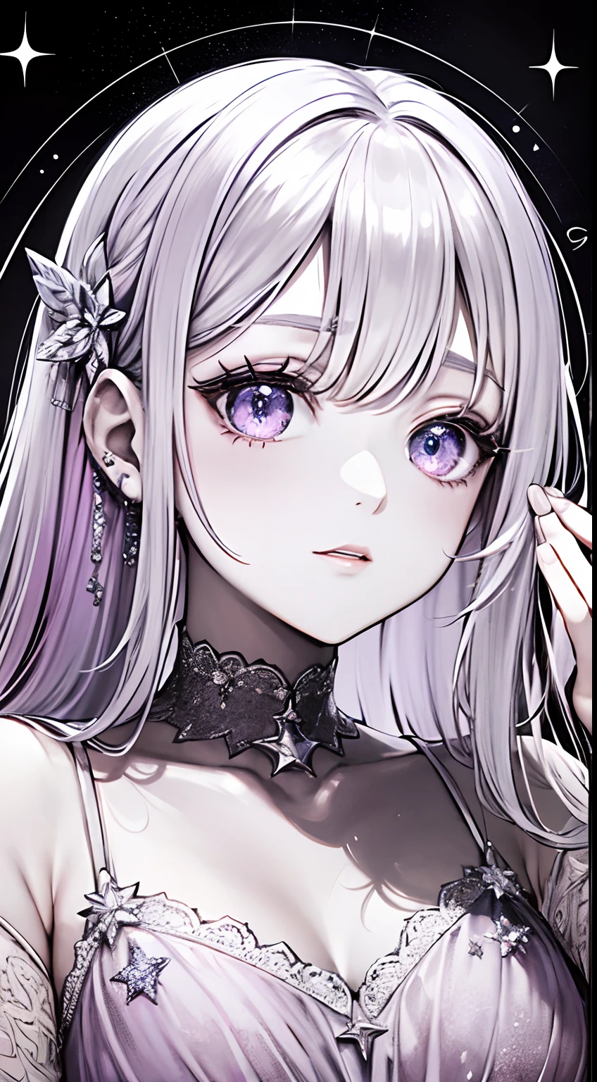 “{proposed_keywords}”: "Guess Child, eye, Lovely"
“{proposed_colors}”: "Pastel pink, lavender, Silver Glitter"
“{proposed_style}”: "Anime style, Dreamy"
“{proposed_textures}”: "Glitter, Clean"
“{proposed_lines_description}”: "Delicate, " of the curve "
“{proposed_form_description}”: "Big eyes, long eyeslashes, Star and heart accents"