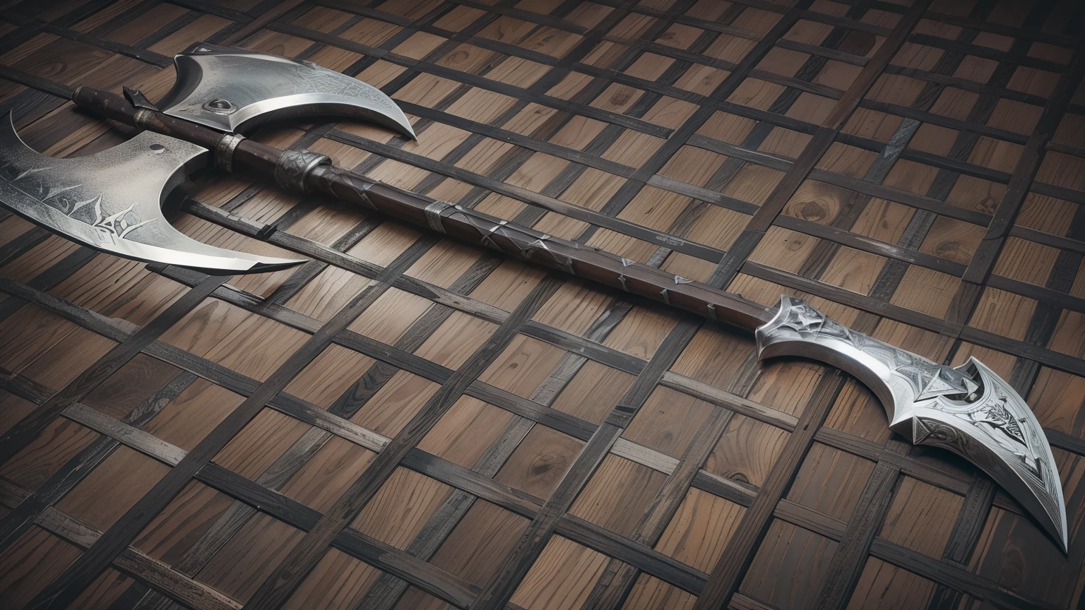 A Medieval battle axe with black metal handle. Details design on axe, ((silver sharp axe) metal handle. Realistic, uhd realistic, 4k graphics. Laid on wooden floor, very sharp axe.