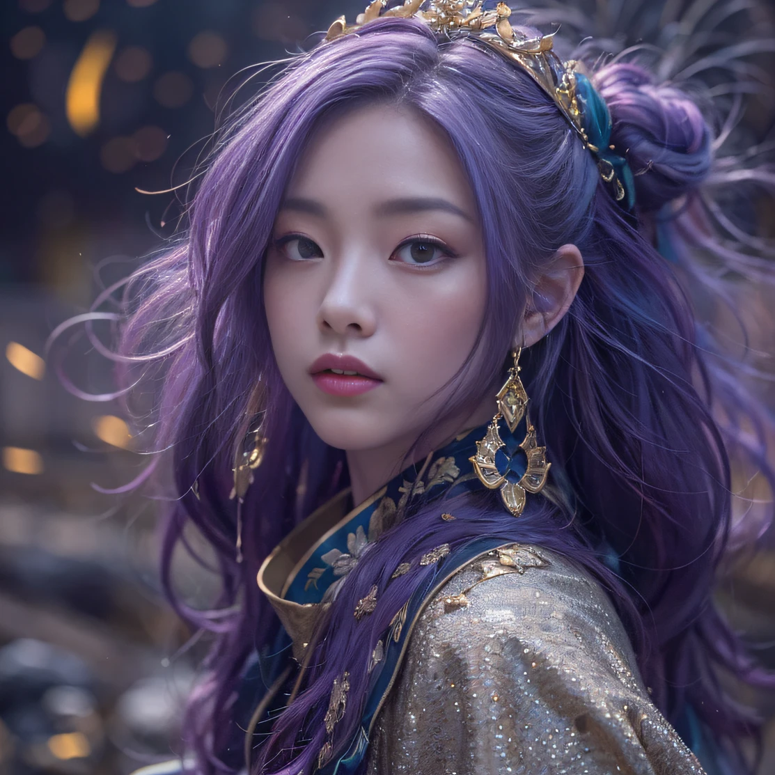 Genki Girl 32K(tmasterpiece,k hd,hyper HD,32K)Long flowing bright purple hair,Autumn Pond,zydink, a color, Asian people (Genki girl), (Silk scarf), Combat posture, looking at the ground, long whitr hair, Floating bright purple, Fire cloud pattern gold tiara, Chinese long-sleeved gold silk garment, (Abstract metaverse splash:1.2), white backgrounid,Lotus vitality protector(realisticlying:1.4),Bright purple hair,Smoke on the road,The background is pure, A high resolution, the detail, RAW photogr, Sharp Re, Nikon D850 Film Stock Photo by Jefferies Lee 4 Kodak Portra 400 Camera F1.6 shots, Rich colors, ultra-realistic vivid textures, Dramatic lighting, Unreal Engine Art Station Trend, cinestir 800,A girl with long flowing bright purple hair