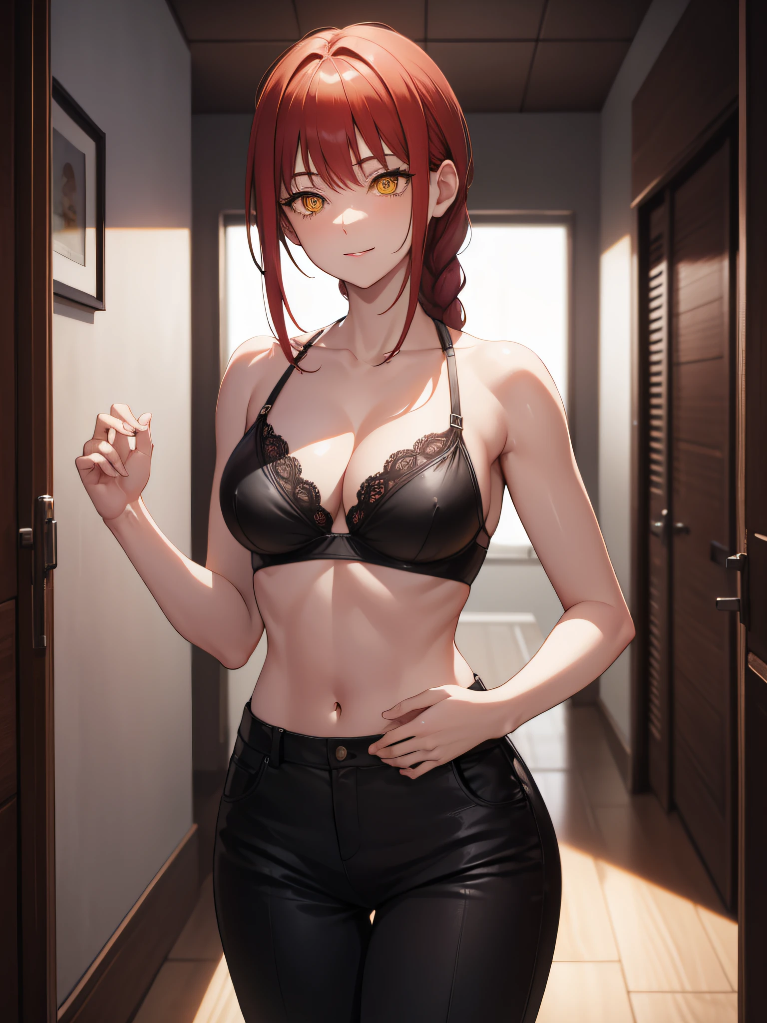makima, makima, long hair, smile, bangs, medium breasts, cleavage, (yellow eyes:1.2), braid, red hair, braided ponytail, ringed eyes, black bra, black bikini, pants, black pants, formal pants, BREAK indoors, office, BREAK looking at viewer, BREAK (masterpiece:1.2), best quality, high resolution, unity 8k wallpaper, (illustration:0.8), (beautiful detailed eyes:1.6), extremely detailed face, perfect lighting, extremely detailed CG, (perfect hands, perfect anatomy),