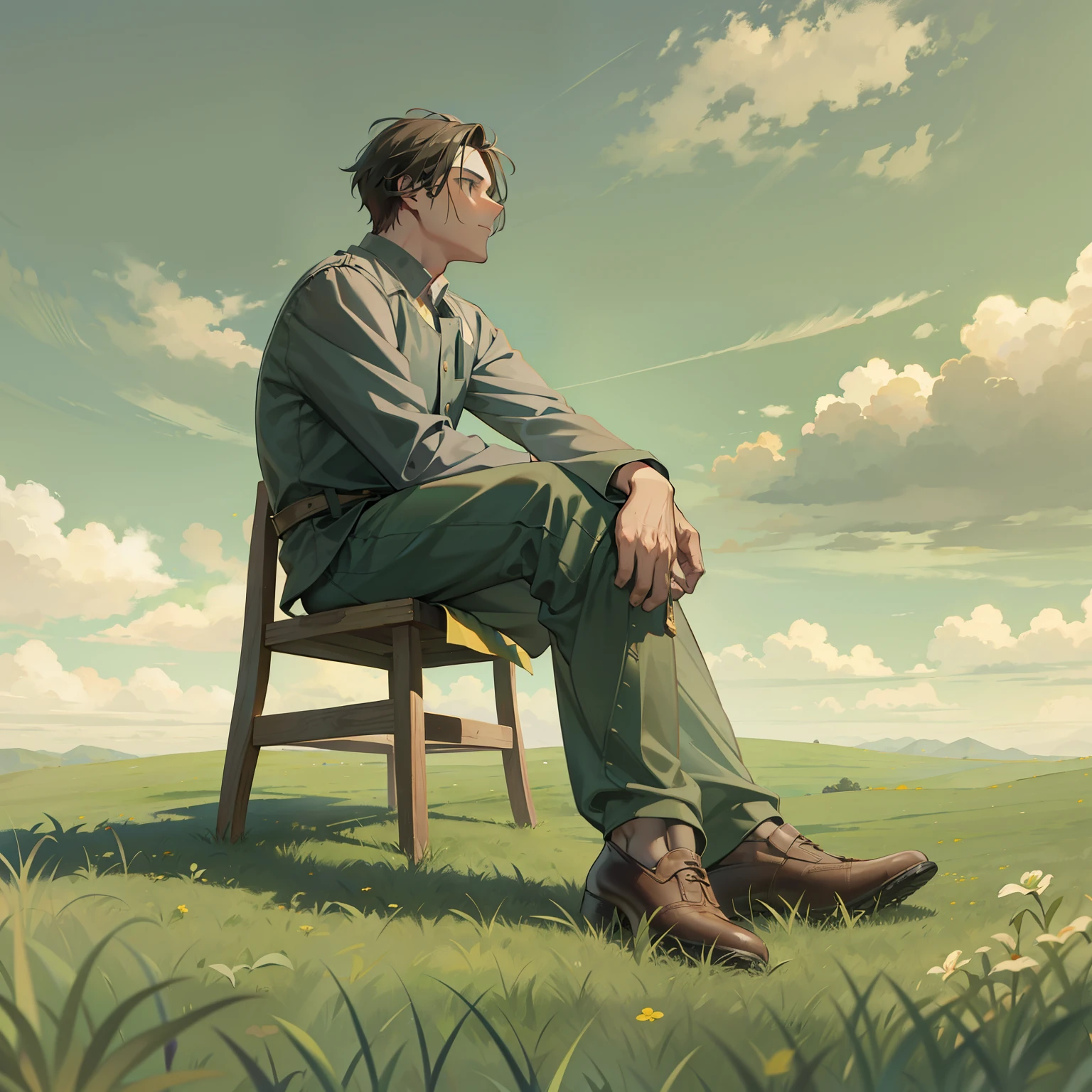 A man puts his foot on the grass and looks at the distant sky
