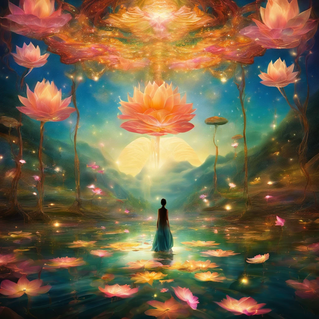Underneath the lotus, artistic conception, Light shines straight down from above