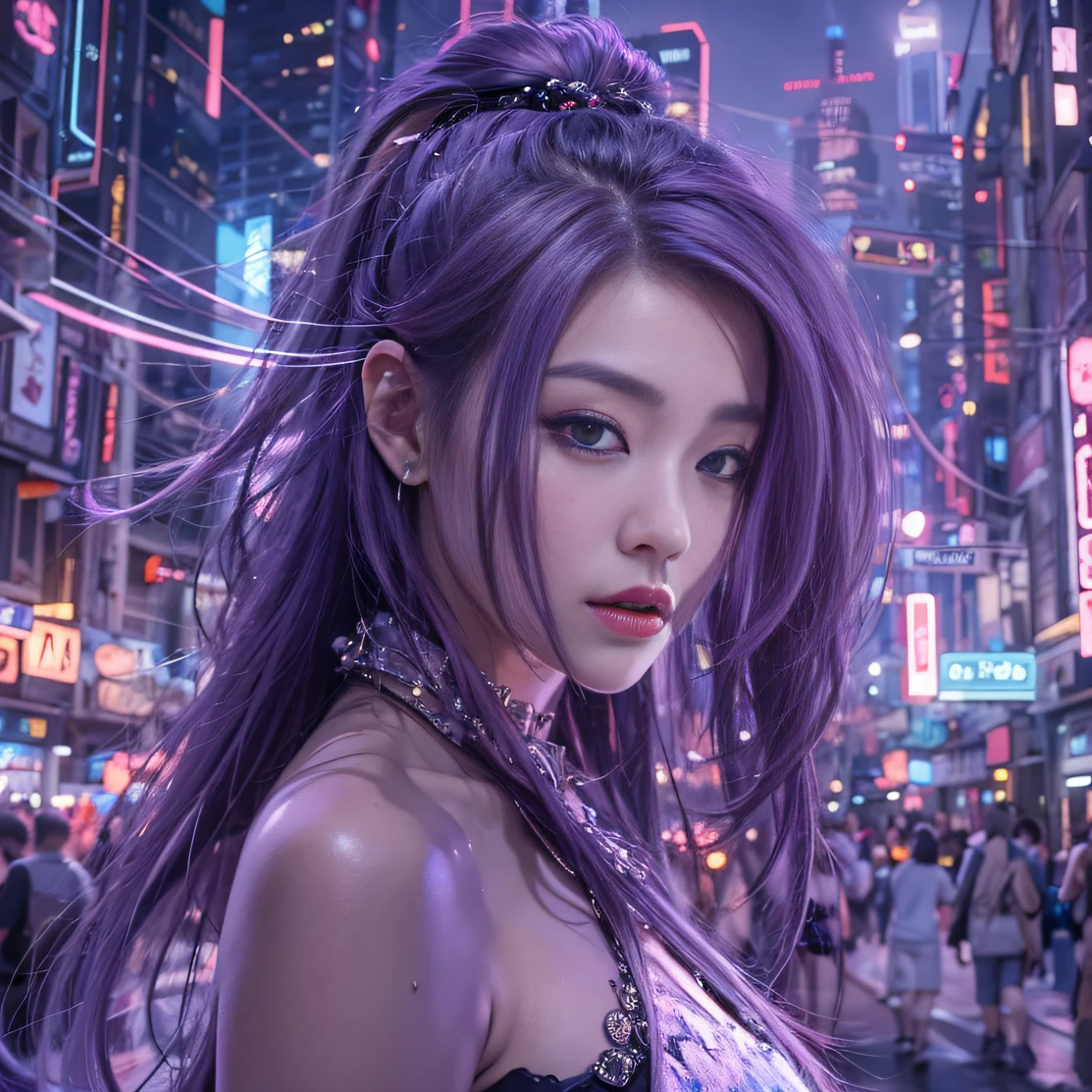 Future City 32K（tmasterpiece，k hd，hyper HD，32K）Long flowing bright purple hair，Backstreets，zydink， a color， Asian people （Genki girl）