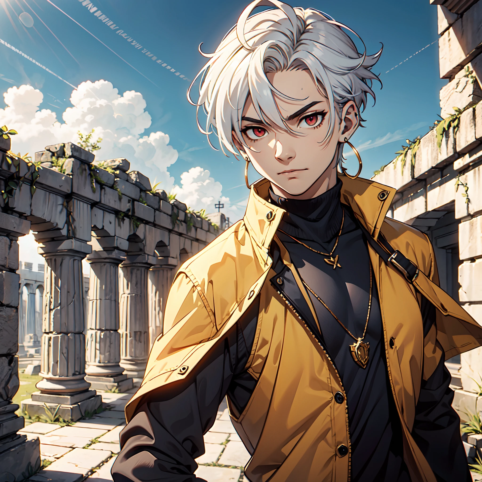 128K Ultra High Definition,
128K Ultra High Quality,
128K Ultra High Resolution,
128K Resolution,
Hyper Detailed,
Hyper Quality,
Hyper Definition,
Perfectly Detailed,
Perfectly Designed,
Masterpiece,
1 Boy,
Anime,
Handsome,
White Hair,
Undercut Hairstyle,
Red Eyes,
Wearing Earrings,
Wearing Necklace,
Wearing Spartan Armor,
Ancient Greece Ruins Background,