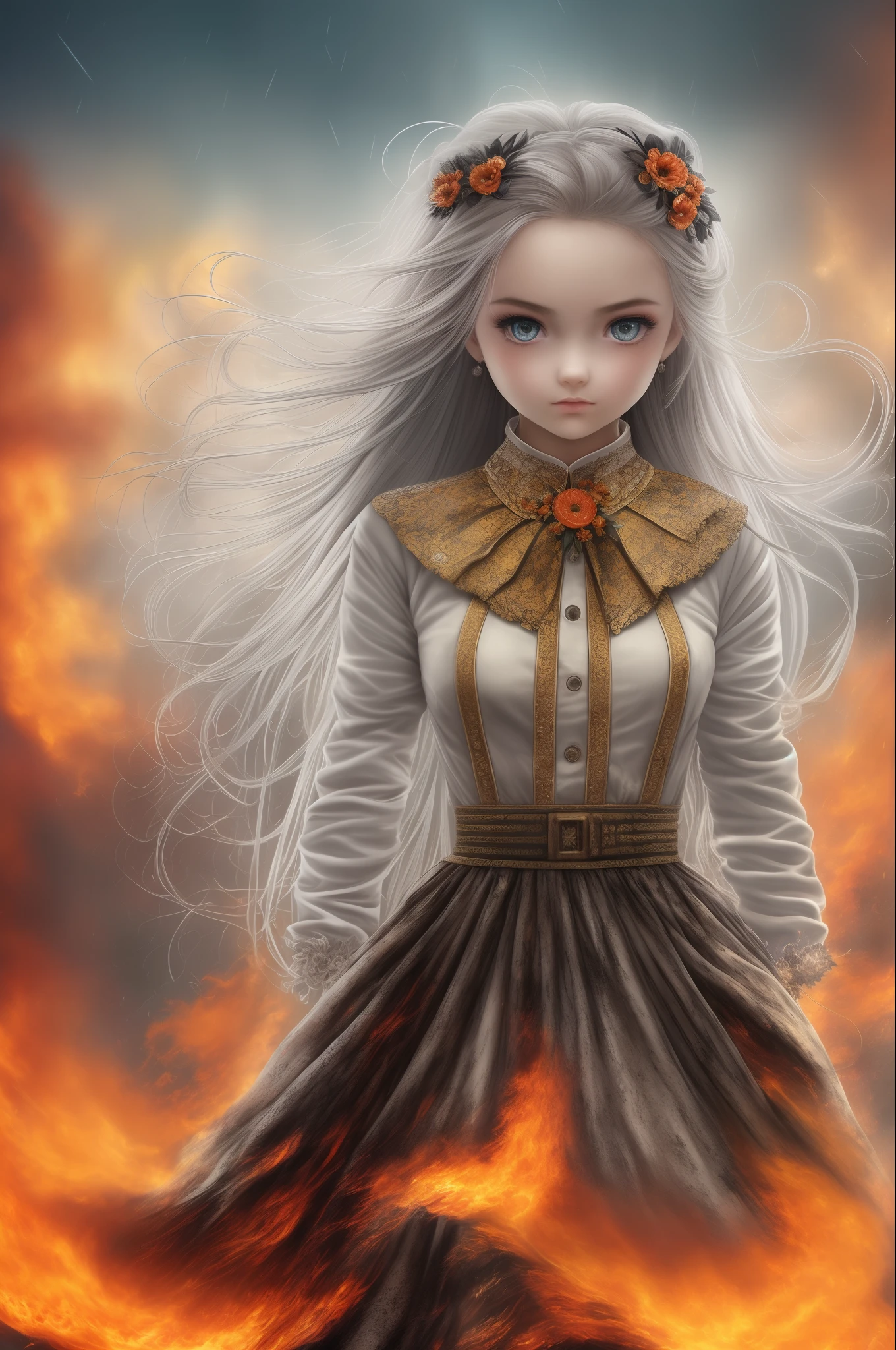 masterpiece,best quality, illustration,{beautiful detailed girl},beautiful detailed glow,(flames of war:1.2),(nuclear explosion behide:1.3),rain,detailed lighting,detailed water,(beautiful detailed eyes:1.1),expressionless,palace,azure hair,disheveled hair,long bangs,hairs between eyes,(whitegrey dress:1.1),black ribbon,white bowties,midriff,big forhead,blank stare,flower,long sleeves
