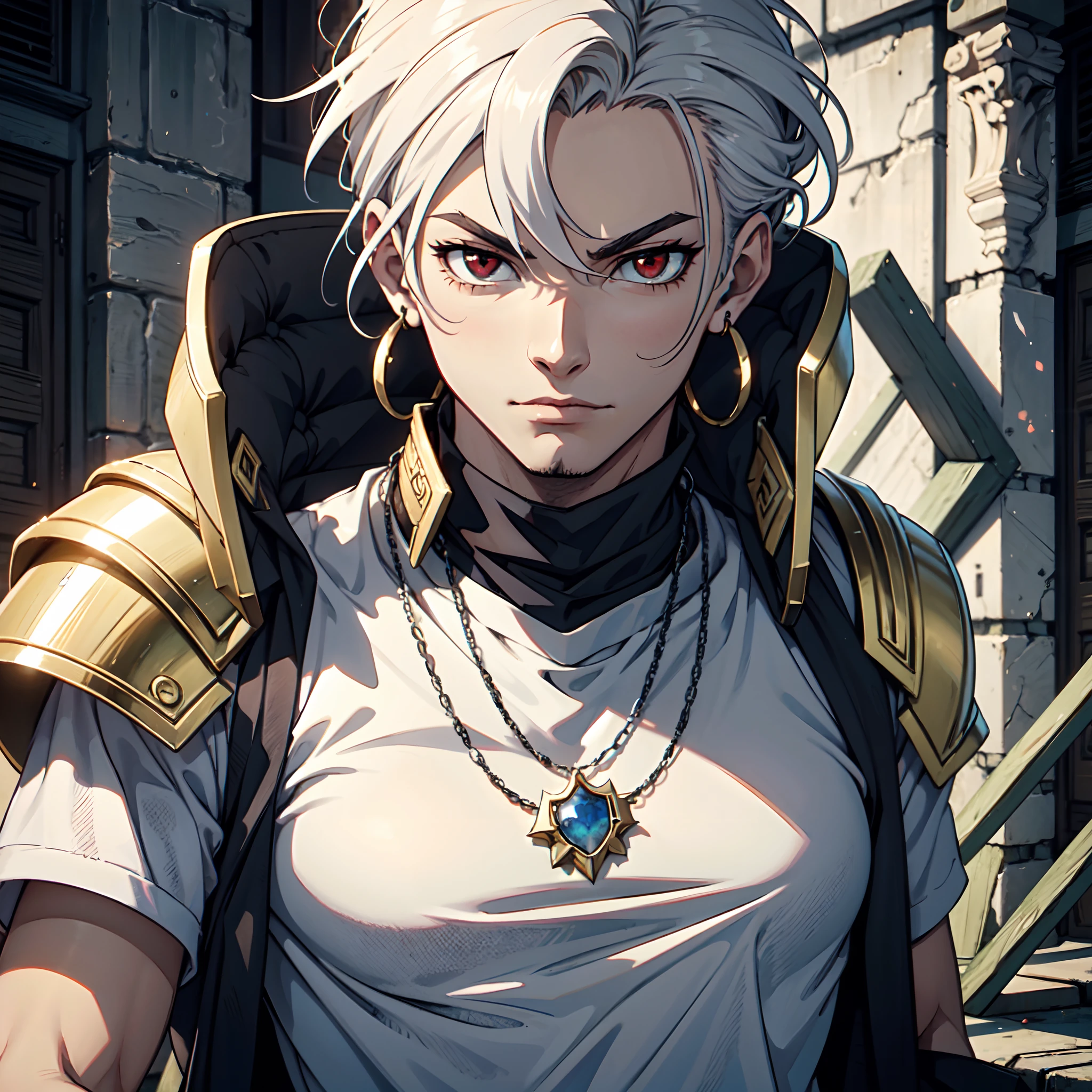 128K Ultra High Definition,
128K Ultra High Quality,
128K Ultra High Resolution,
128K Resolution,
Hyper Detailed,
Hyper Quality,
Hyper Definition,
Perfectly Detailed,
Perfectly Designed,
Masterpiece,
1 Boy,
Anime,
Handsome,
White Hair,
Undercut Hairstyle,
Red Eyes,
Wearing Earrings,
Wearing Necklace,
Wearing Spartan Armor,
Ancient Greece Ruins Background,