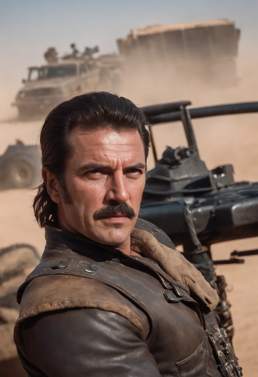 8 0's movie poster art, , 8 0's movie poster, classic , mad max poster , Joseph Stalin as Mad Max , ultra sharp focus, realistic shot, (scar:1.4)