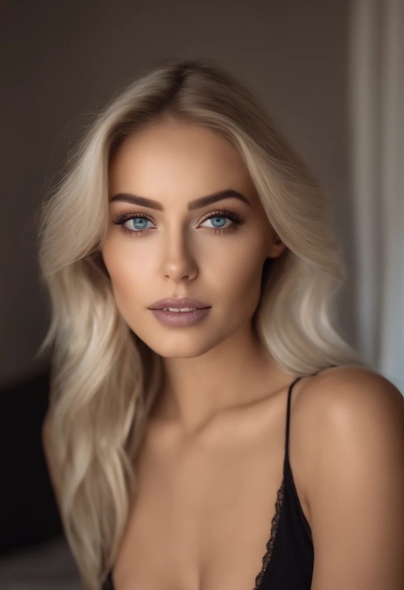 Arafed woman with a white tank top and necklace, fille sexy aux yeux bleu, Portrait Sophie Mudd, cheveux blond et grands yeux, selfie of a young woman, Yeux de chambre, Violet Myers, sans maquillage, maquillage naturel, looking straight at camera, Visage avec Artgram, Maquillage subtil, Superbe photo du corps entier, piercing green eyes