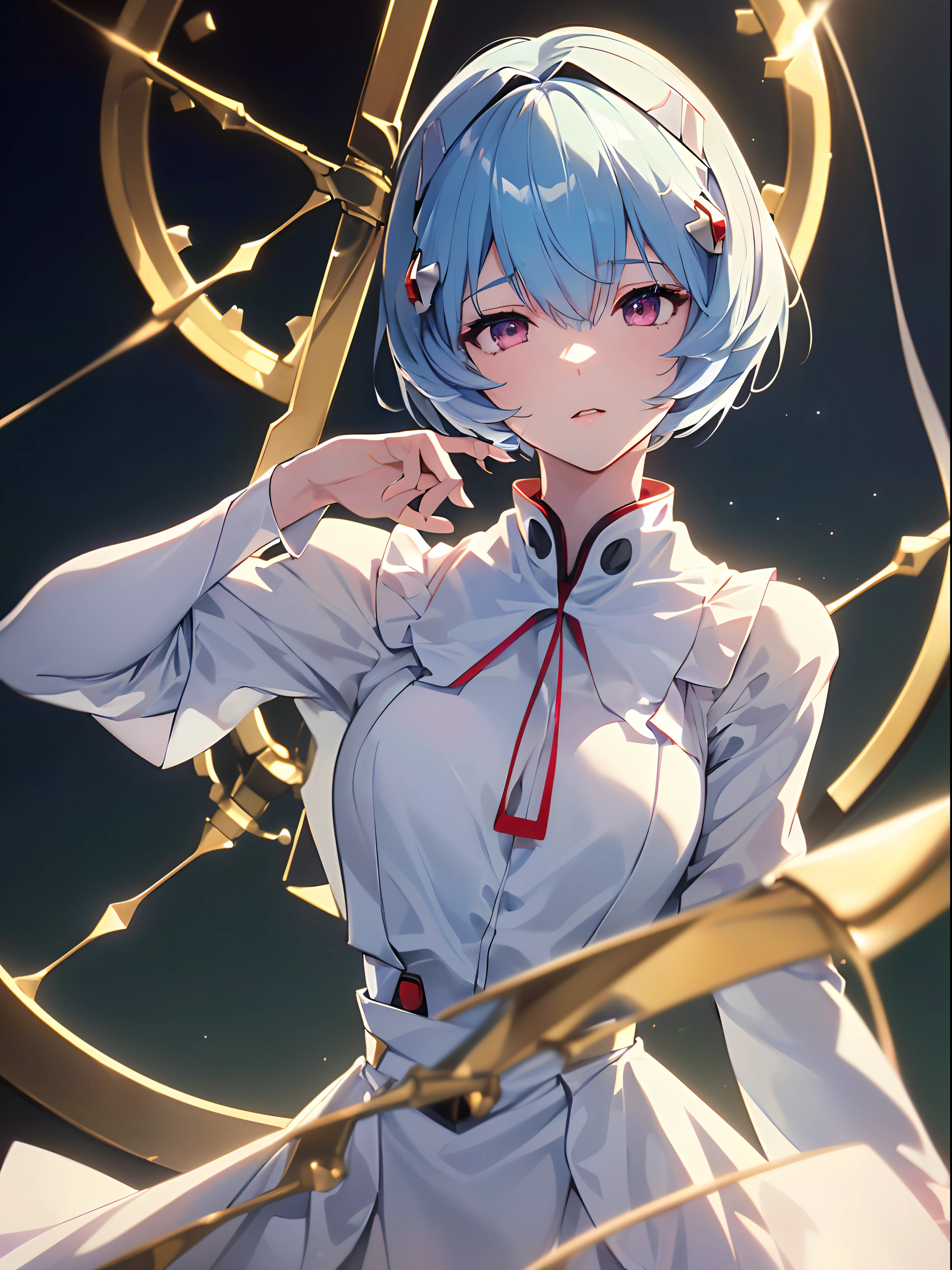 (((ayanami rei:))),headgear,1girl,solo,(masterpiece,best quality, official art,aim to viewers, beautiful and aesthetic:1.2),(ultra high res,spiral, golden ratio, (4k), see from above,((above the earth)),floating,dynamic lighting, natural lighting,(photon mapping, radiosity, physically-based rendering,automatic white balance), technological sense,Amazing,sharp focus,rich background, (((high detailed skin,)))dynamic lighting,intricate detailed outfit,glowing eyes,watery eyes,((short hair,))deadpan, skiny,  turtle neck, short skirt,button shirt,(masterpiece sidelighting),(bishoujo,lustrous),(sky blue hair,pink eyes,）[[delicate fingers and hands:0.55]::0.85],(detail fingers),(((Ultra Photographic Quality,ultra wide angles)))),((incredibly absurdres)),bust shot,((extremely_detailed_eyes_and_face)),(disheveled hair),FilmGirl
