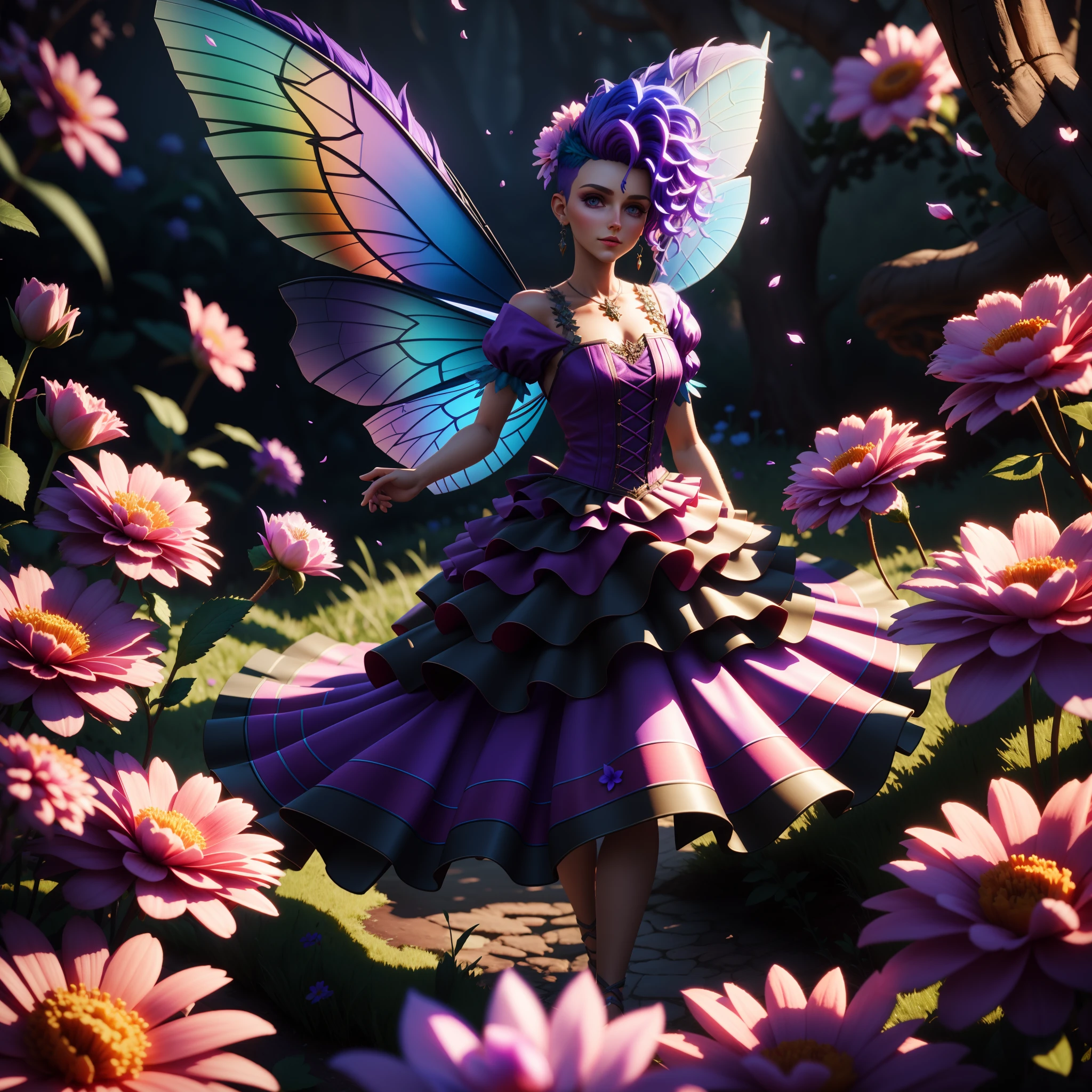 There is a fairy standing in a field of flowers in a fairy dress, impressionante render 3d de uma fada, tons de roxo, cabelo roxo curto