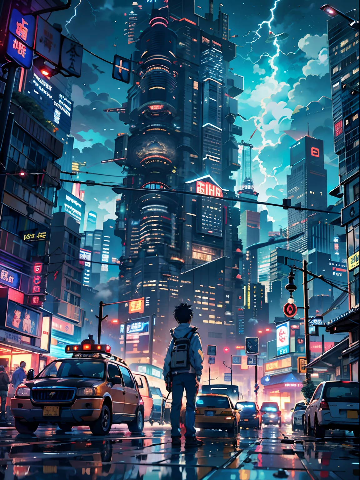 1boy, boy、Anime-like protagonist、Cyberpunk Boy、The beginning of the adventure、Lots of clouds,heavy fog、(Lightning:1.5)、starrysky、Moon,Chaotic city of the future、Movie dystopia、(Giant airship:1.5)、A group of very tall skyscrapers stands in the center、Very complex cityscape,Crowded Chinese skyscrapers、street signs、streetlights、taxis、buses、Train、Blue lighting,Dark road、puddles、Chaotic、Beautiful and fantastic scenery、Cinematic scenery、hightquality、masutepiece,in 8K、hight resolution、