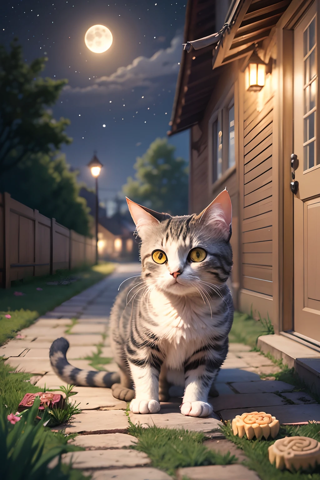 Cat eating mooncakes in the yard, Moon.