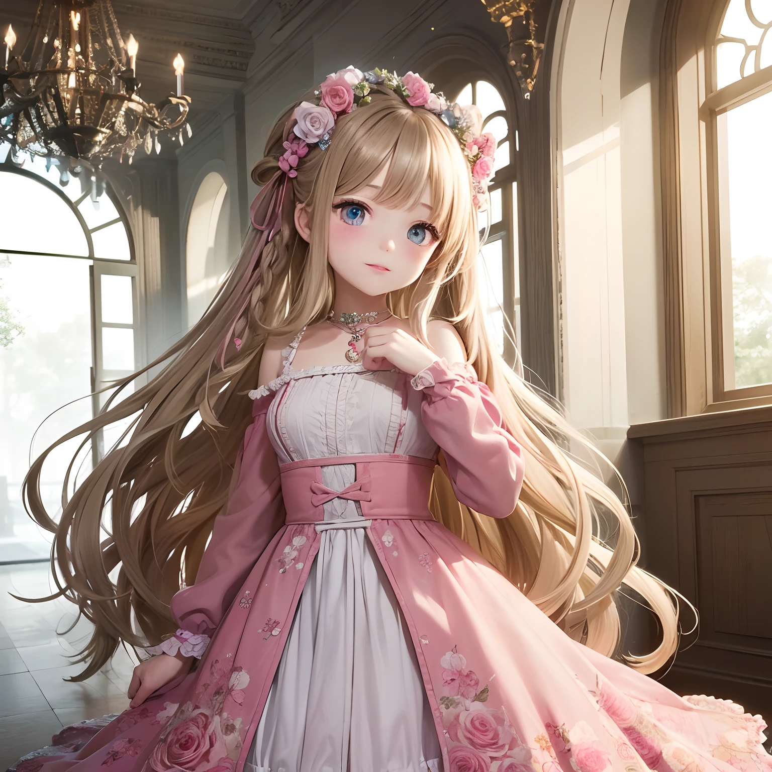 (Loose and fluffy long hair braid,)(a beauty girl,)(Floral dress,)(western building,)(Rose flower,)(Delicat eyes,)(delicate finger,)(Best Quality,)(top-quality,)