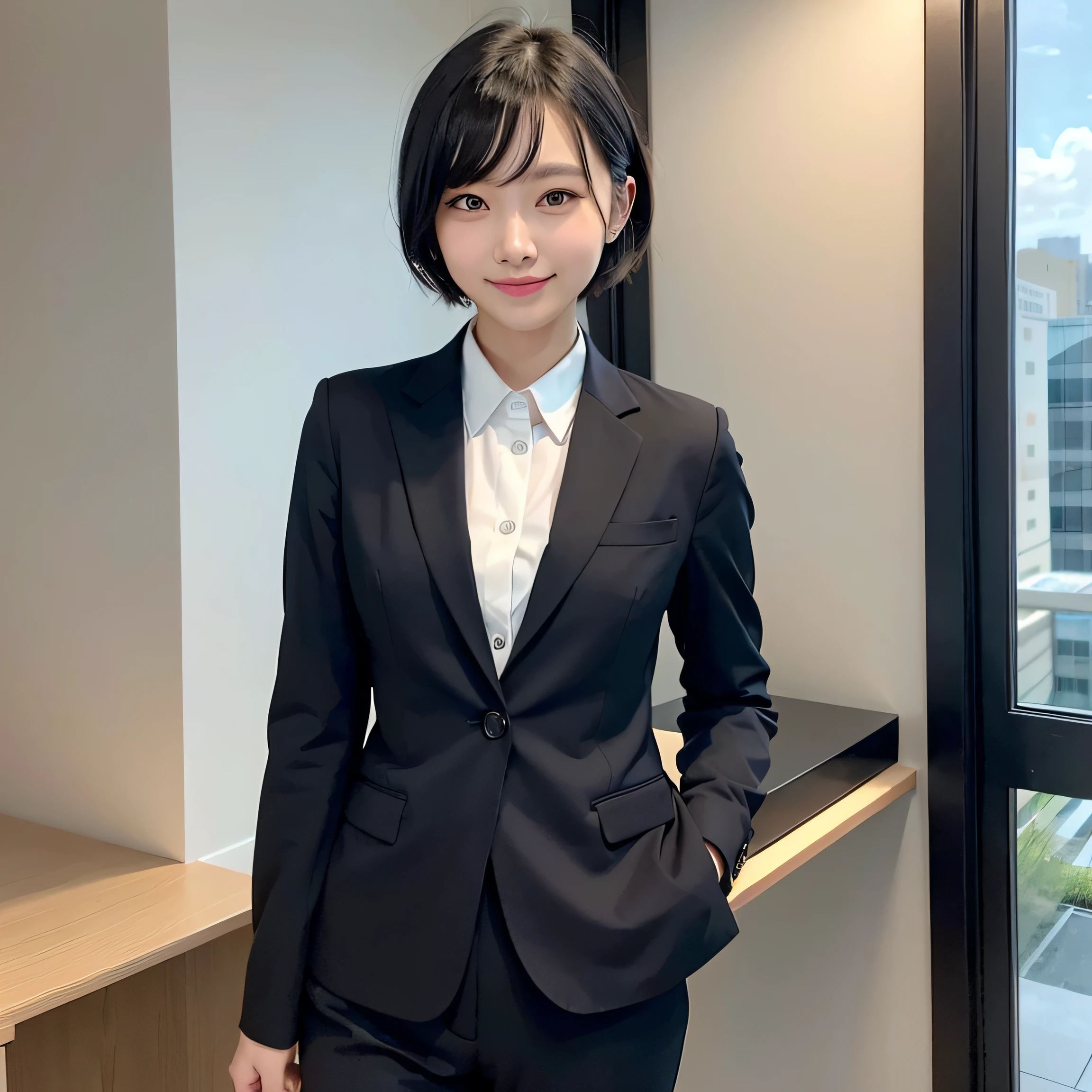 1 girl in、Officelady、Black Office Blazer、slacks、Button Up Color Prim、Button Down Color Prim、cute little、独奏、Beautiful detailed sky、a smile、tiny chest、Eyes in Beautiful Details、Business attire、short-hair