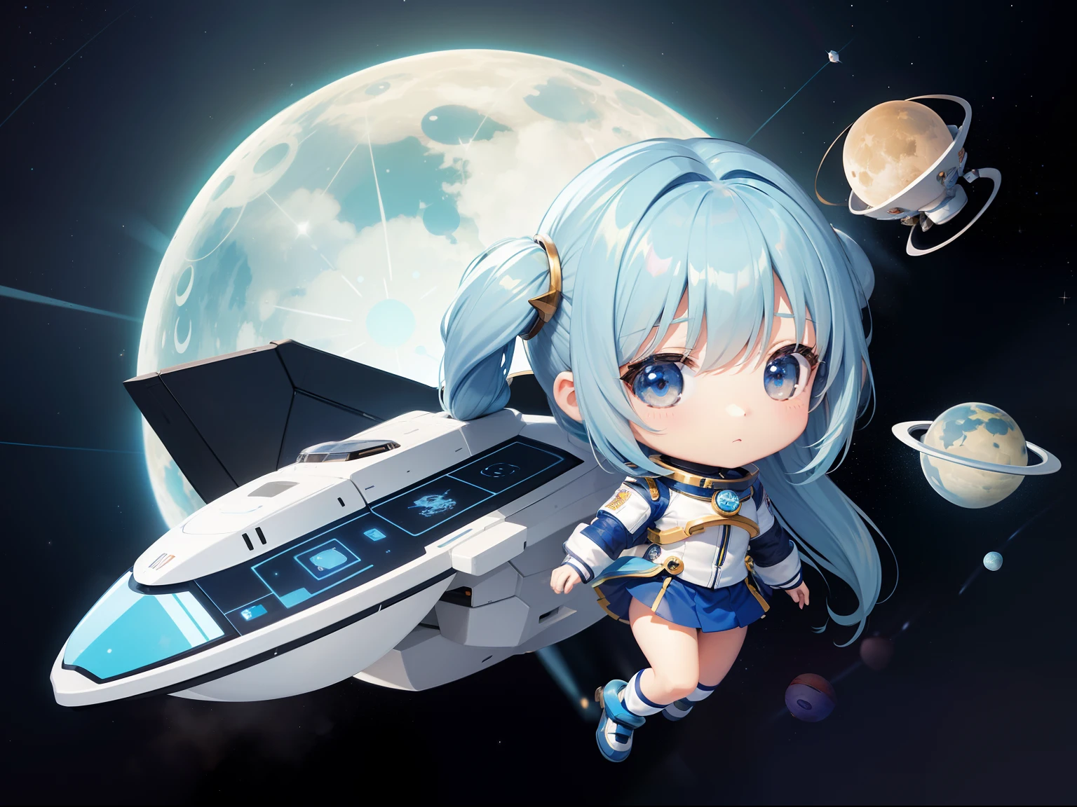 Ride a chibi character's spaceship into space Locket spaceships space suits long hair with blue hair((Chibi Chara))、Fluffy、girl with、Chibi Chara、full body Esbian、Pastel colors hair、masutepiece、top-quality、a moon constellation planet earth