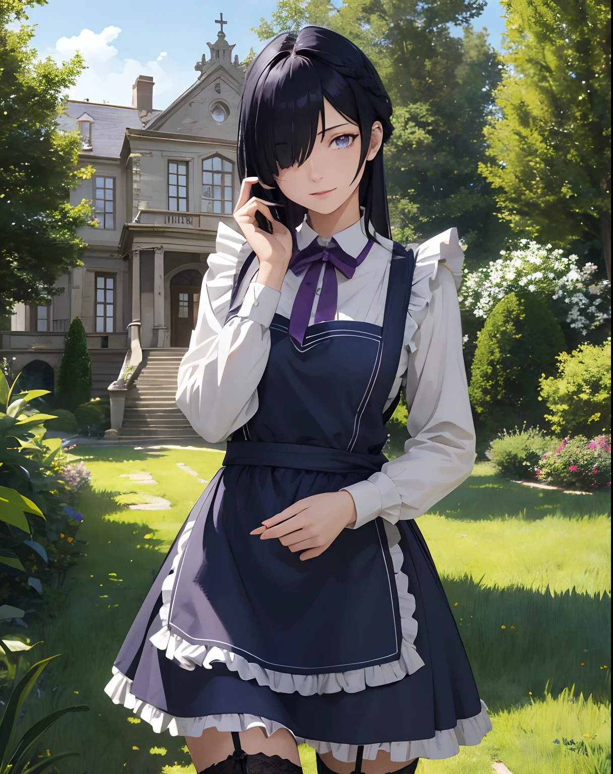 masterpiece, best quality, ultra-detailed, illustration, epic lighting, cinematic composition, colorful, sharp:1.3, 1girl, medium dark blue hair, (hair over one eye:1.3), eyes_visible_through_hair, purple eyes, roswaal_mansion_maid_uniform, apron, white thighhighs, garter straps, standing, upper body, outdoors, mansion, summer, garden, flowers, trees, grass, bushes, sunlight, (extremely detailed CG:1.2), (8k:1.1),