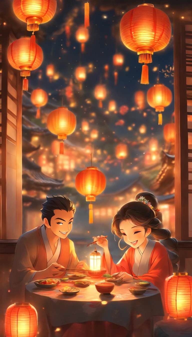 The family sits together, Enjoy a festive dinner, Surrounded by a warm and comfortable atmosphere. The room was beautifully decorated，Equipped with lanterns, Symbolizes the joy of the Mid-Autumn Festival. The table is filled with a variety of delicacies, Includes traditional mooncakes. Moonlight shone through the windows, Cast a soft glow on everyone's face. Family smiling and talking, Express their love and happiness on this special occasion. The artwork is created with the finest materials, Such as oil painting or high-resolution digital rendering, Ensure the highest quality and detail. The colors are vivid and vibrant, Create visually stunning representations for holiday celebrations. The lighting is well designed, Focus on capturing the warm and tranquil atmosphere of the party. The artwork is a masterpiece, With ultra-detailed elements and realistic, Photorealistic style. The moon in the night sky is depicted as a perfect circle, Represents the full moon of the Mid-Autumn Festival. The scene was full of joy, Love, and togetherness, Capture the essence of the festival.You can see the round moon hanging high