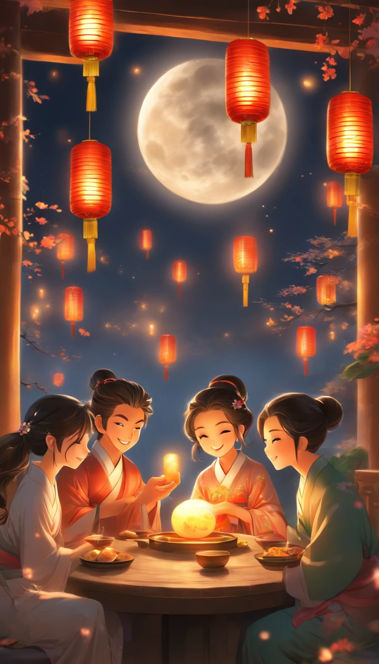 The family sits together, Enjoy a festive dinner, Surrounded by a warm and comfortable atmosphere. The room was beautifully decorated，Equipped with lanterns, Symbolizes the joy of the Mid-Autumn Festival. The table is filled with a variety of delicacies, Includes traditional mooncakes. Moonlight shone through the windows, Cast a soft glow on everyone's face. Family smiling and talking, Express their love and happiness on this special occasion. The artwork is created with the finest materials, Such as oil painting or high-resolution digital rendering, Ensure the highest quality and detail. The colors are vivid and vibrant, Create visually stunning representations for holiday celebrations. The lighting is well designed, Focus on capturing the warm and tranquil atmosphere of the party. The artwork is a masterpiece, With ultra-detailed elements and realistic, Photorealistic style. The moon in the night sky is depicted as a perfect circle, Represents the full moon of the Mid-Autumn Festival. The scene was full of joy, Love, and togetherness, Capture the essence of the festival.You can see the round moon hanging high