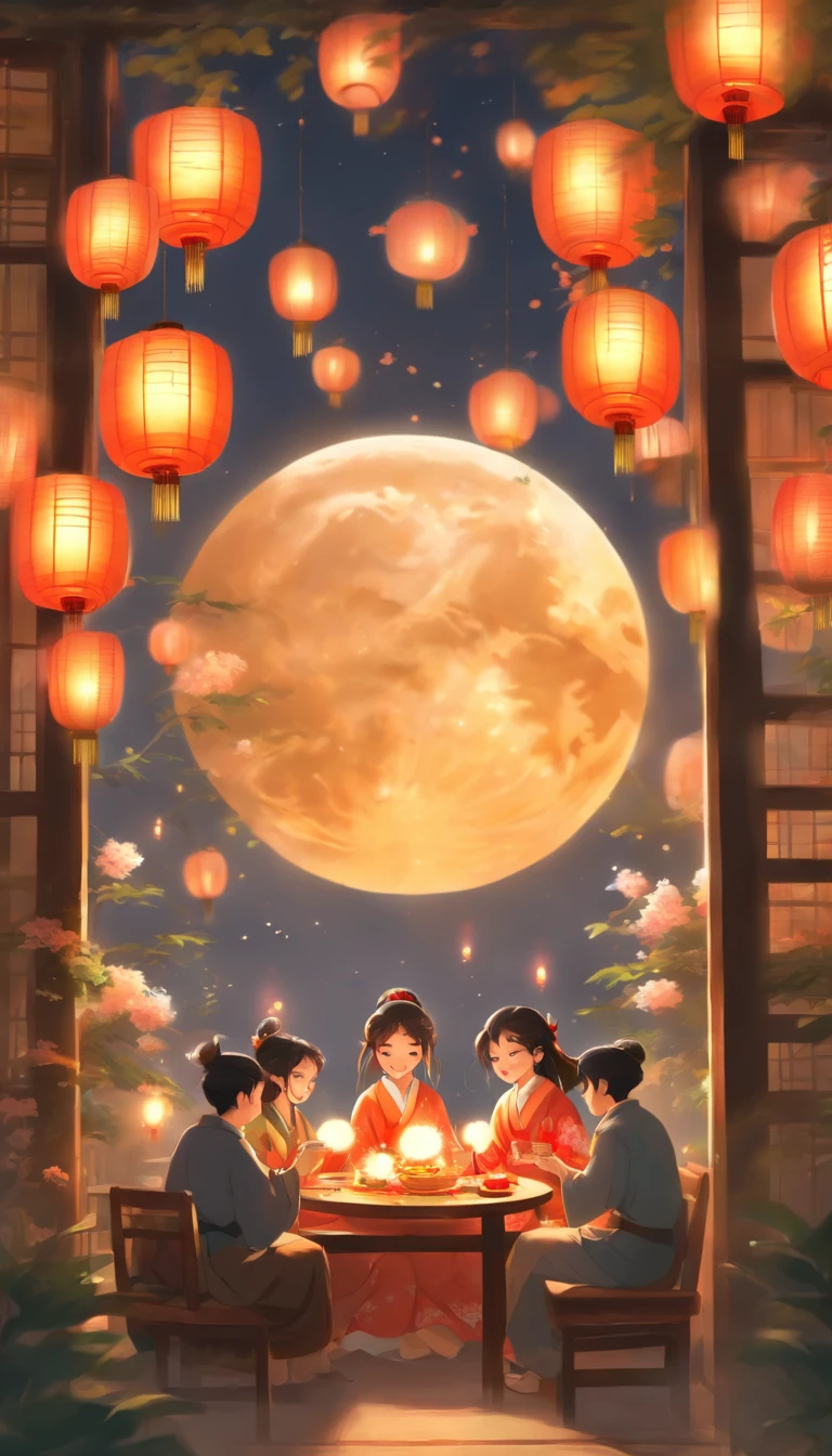The family sits together, Enjoy a festive dinner, Surrounded by a warm and comfortable atmosphere. The room was beautifully decorated，Equipped with lanterns, Symbolizes the joy of the Mid-Autumn Festival. The table is filled with a variety of delicacies, Includes traditional mooncakes. Moonlight shone through the windows, Cast a soft glow on everyone's face. Family smiling and talking, Express their love and happiness on this special occasion. The artwork is created with the finest materials, Such as oil painting or high-resolution digital rendering, Ensure the highest quality and detail. The colors are vivid and vibrant, Create visually stunning representations for holiday celebrations. The lighting is well designed, Focus on capturing the warm and tranquil atmosphere of the party. The artwork is a masterpiece, With ultra-detailed elements and realistic, Photorealistic style. The moon in the night sky is depicted as a perfect circle, Represents the full moon of the Mid-Autumn Festival. The scene was full of joy, Love, and togetherness, Capture the essence of the festival.You can see the round moon hanging high