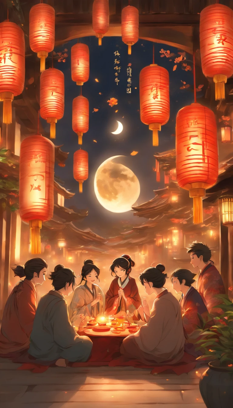 The family sits together, Enjoy a festive dinner, Surrounded by a warm and comfortable atmosphere. The room was beautifully decorated，Equipped with lanterns, Symbolizes the joy of the Mid-Autumn Festival. The table is filled with a variety of delicacies, Includes traditional mooncakes. Moonlight shone through the windows, Cast a soft glow on everyone's face. Family smiling and talking, Express their love and happiness on this special occasion. The artwork is created with the finest materials, Such as oil painting or high-resolution digital rendering, Ensure the highest quality and detail. The colors are vivid and vibrant, Create visually stunning representations for holiday celebrations. The lighting is well designed, Focus on capturing the warm and tranquil atmosphere of the party. The artwork is a masterpiece, With ultra-detailed elements and realistic, Photorealistic style. The moon in the night sky is depicted as a perfect circle, Represents the full moon of the Mid-Autumn Festival. The scene was full of joy, Love, and togetherness, Capture the essence of the festival.You can see the round moon hanging high