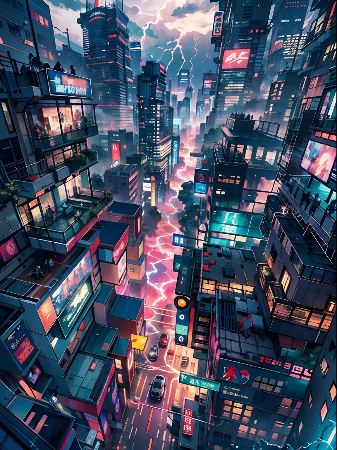1boy,a 13 yo boy、Anime-like protagonist、Cyberpunk Boy、The beginning of the adventure、Lots of clouds,heavy fog、(Lightning:1.5)、starrysky、Moon,Chaotic city of the future、Movie dystopia、(Giant airship:1.5)、A group of very tall skyscrapers stands in the center、Very complex cityscape,Crowded Chinese skyscrapers、street signs、streetlights、taxis、buses、Train、Blue lighting,Dark road、puddles、Chaotic、Beautiful and fantastic scenery、Cinematic scenery、hightquality、masutepiece,in 8K、hight resolution、