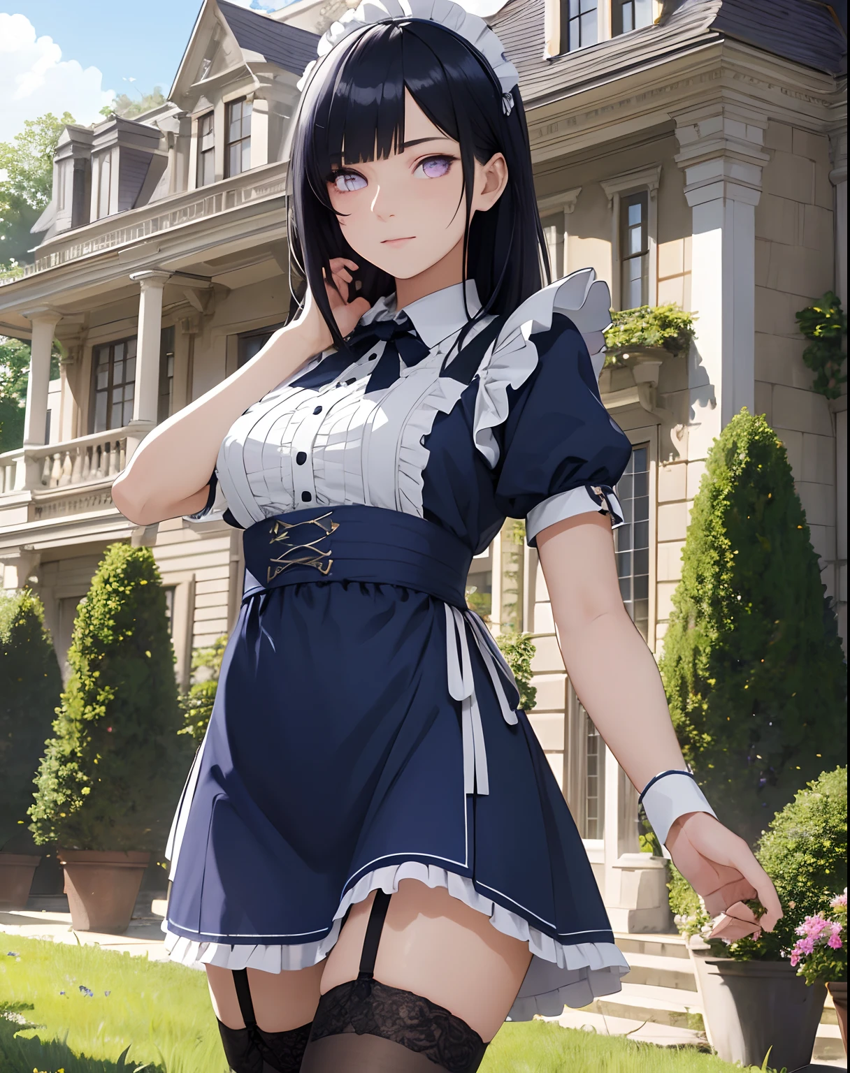 masterpiece, best quality, ultra-detailed, illustration, epic lighting, cinematic composition, colorful, sharp:1.3, 1girl, medium dark blue hair, (hair over one eye:1.3), eyes_visible_through_hair, purple eyes, roswaal_mansion_maid_uniform, apron, white thighhighs, garter straps, standing, upper body, outdoors, mansion, summer, garden, flowers, trees, grass, bushes, sunlight, (extremely detailed CG:1.2), (8k:1.1),