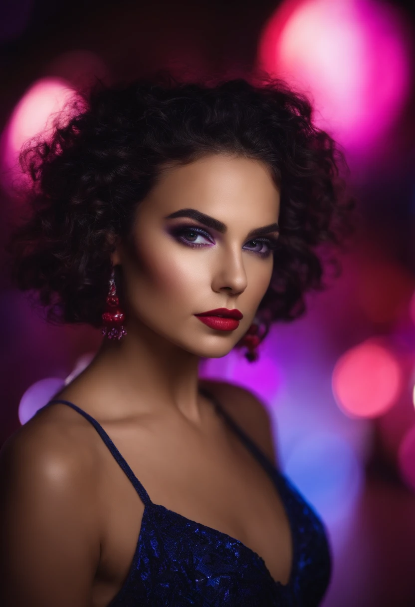 Violeta Myers, com maquiagem, Looking directly at the camera, Rosto com ArtGram, maquiagem sutil, impressionante tiro de meio corpo, no nightclub