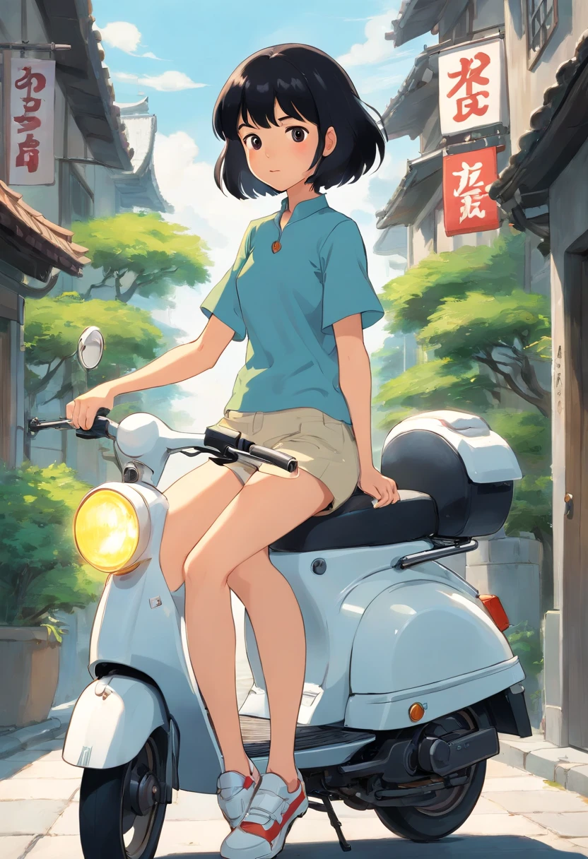 30 years old black haired Japan woman、big white scooter、short cut hair。White helmet