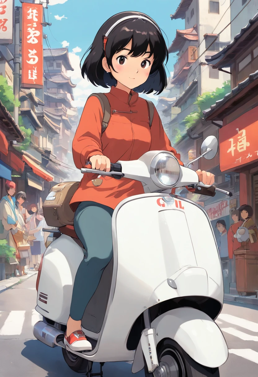 30 years old black haired Japan woman、big white scooter、short cut hair。White helmet