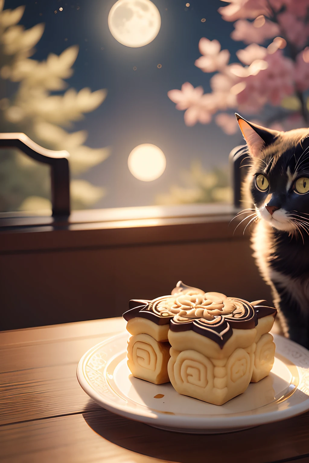 The cat is in the yard, There are mooncakes on the table, Moon.