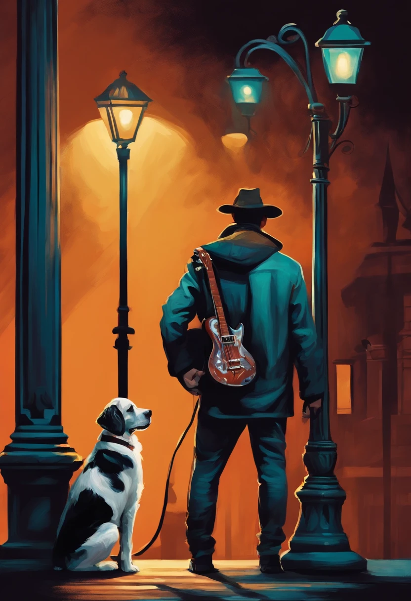 A Man carrying a Guitar on his Shoulder leads a dog standing next to an electric lamppost,hand painted style