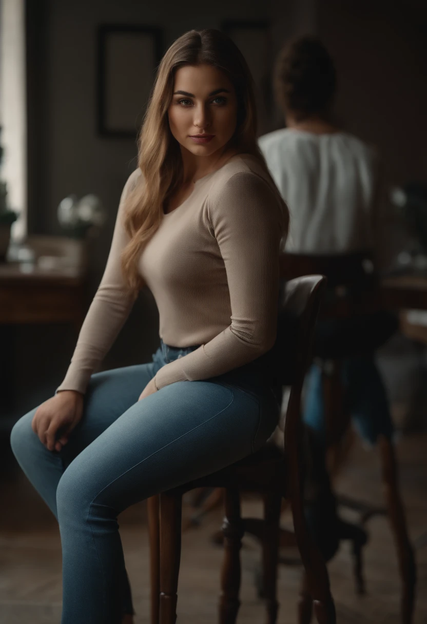 A beautiful girl with a big and elastic butt, dressed in tight jeans, sitting on a chair, on the chair under the girl’s butt there is a man’s head, very detailed, 8K, anatomically correct
