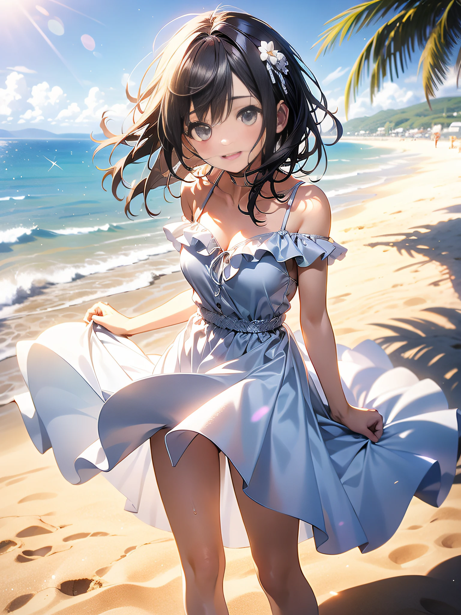 in 8K、top-quality、masterpiece、ultra-detailliert、Ultra-high resolution、Anime style、1人の女性、White sandy beach、White Dress、lensflare