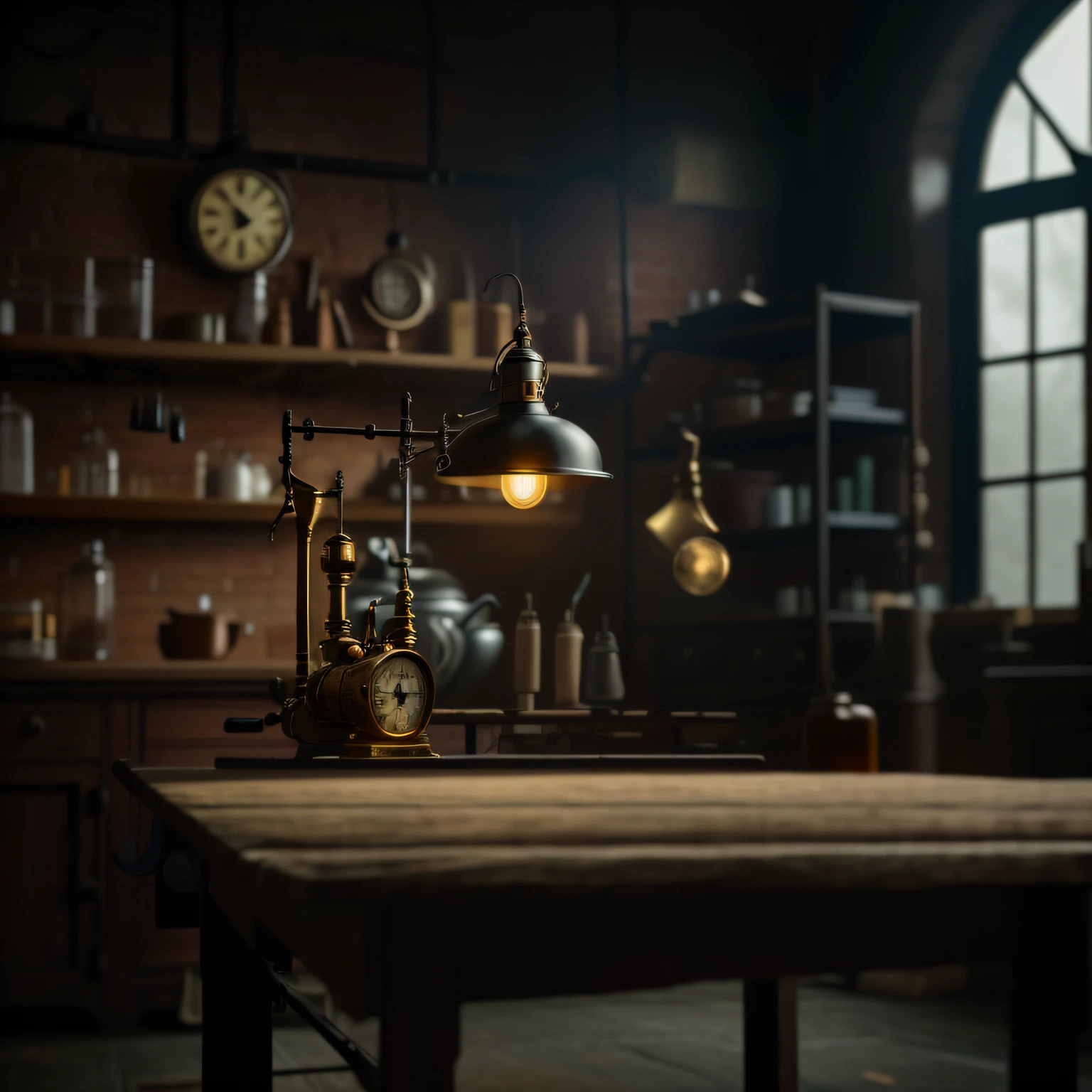 there is a table with a lamp and a clock on it, in a darkly lit laboratory room, in a steampunk laboratory, mysterious laboratory, magic laboratory setting, magic lab background, cinematic counter light, dramatic lighting render, photorealistic cinematic render, fantasy alchemist laboratory, old kitchen backdrop angled view, cinematic lighting + masterpiece, unreal engine. retro film still, cinematic studio shot