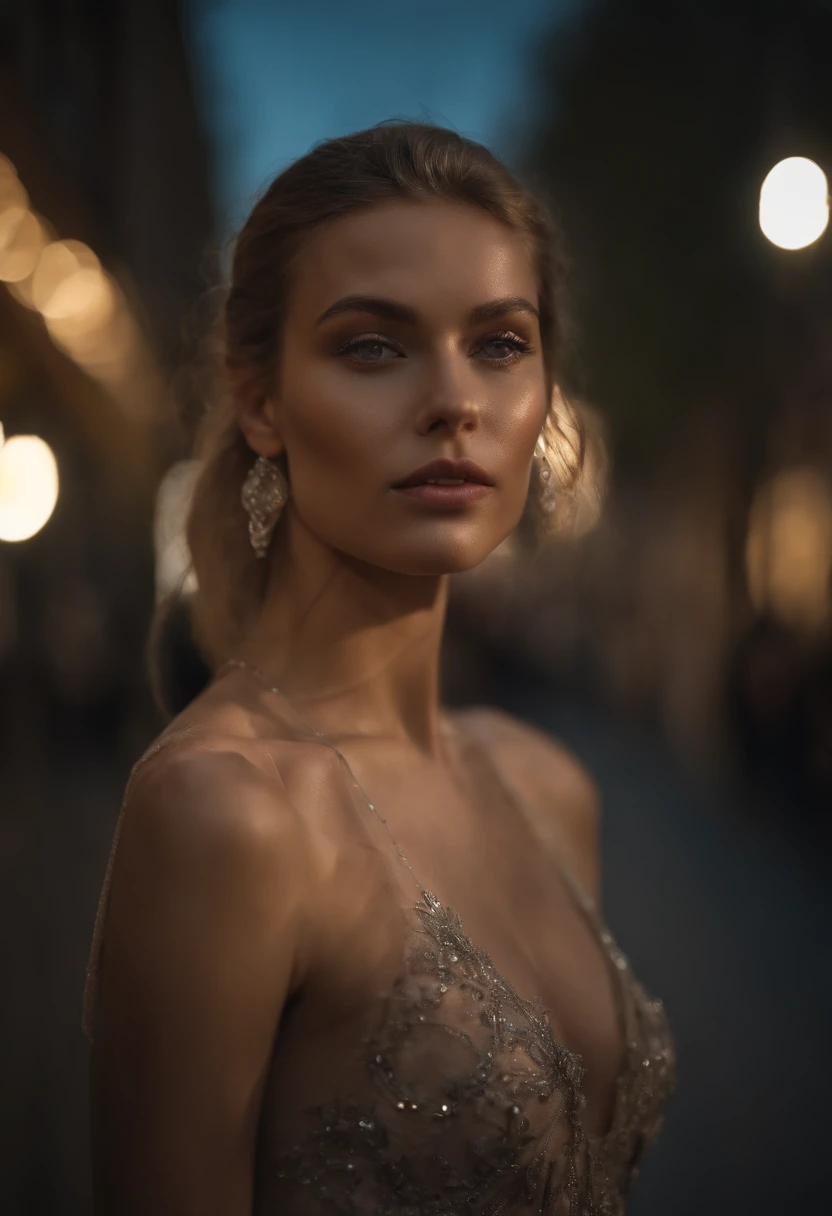 8k, Masterpiece, Photo brute, beste-Qualit, Fotorealistik, highly detailed CG Unity 8k wallpaper, profondeur de champ, cinematic light, Flaresi de lentille, Ray Tracing, (An extremely beautiful face, lovely lips, beaux yeux), Face with intricate details, (ultra-detailed skin), 1 fille, Sombre, dans les ombres profondes, Belle fille ukrainienne, Ukrainian model, 1 homme, (A very fit and muscular body:1.3), (Regarder le public), (UN GRAND LOOK TENACE:1.3), (Sans manches), (Fashion City by Night, Nuit noire, neon signs, blurred background), Fashionable street party, (with no people in the back:1.3), Beautiful earrings, Bracelets, collier, collants, yeux clairs, marche, (pale skinned), (Grands yeux), Face forward, (Tir sur le haut du corps), (une robe de couleur soie:1.3), (cheveux blonds), (Une robe moulante et en dentelle), (transparent), (Regarder le public:1.3) poitrine ouverte, mince, seins de taille moyenne, Ne tournez pas le dos, (Rear shot), transparent, Fesses de taille moyenne, in an evening