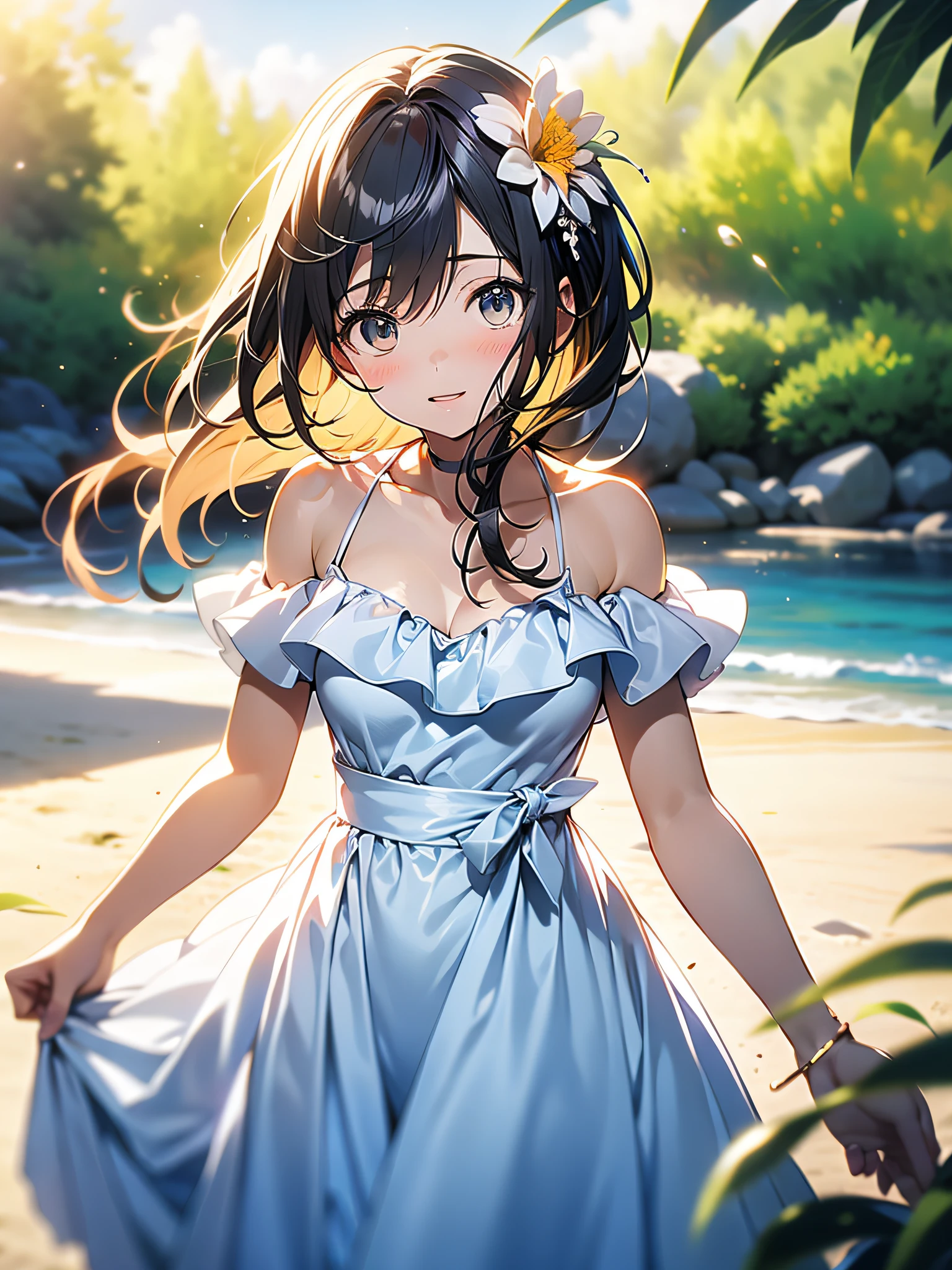 in 8K、top-quality、​masterpiece、ultra-detailliert、Ultra-high resolution、Anime style、1人の女性、White sandy beach、White Dress、lensflare