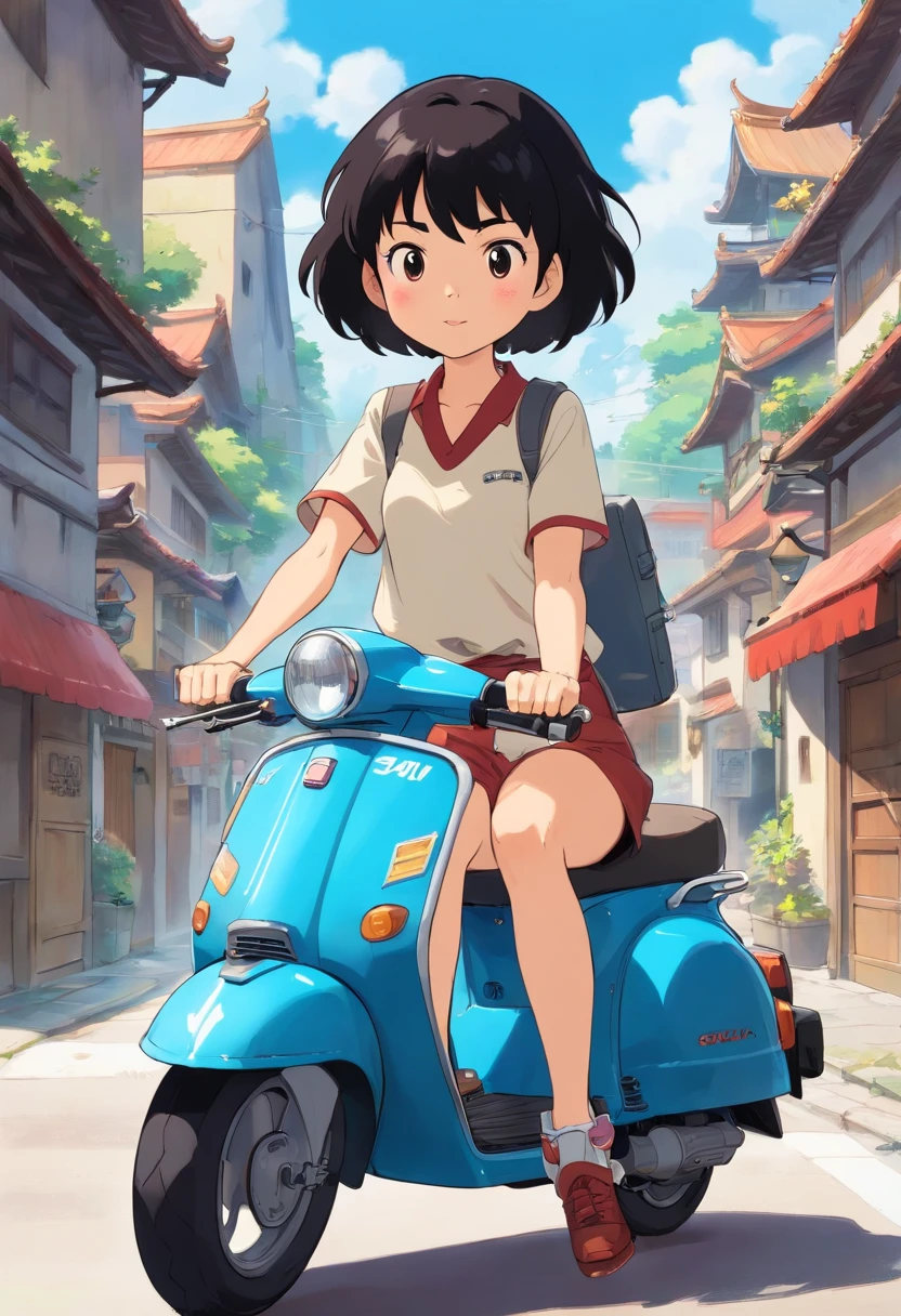 40-year-old black-haired Japan woman、A big white Suzuki Bergmann 400 scooter、short cut hair、Wearing a white helmet