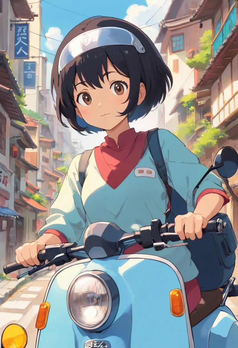 40-year-old black-haired Japan woman、A big white Suzuki Bergmann 400 scooter、short cut hair、Wearing a white helmet