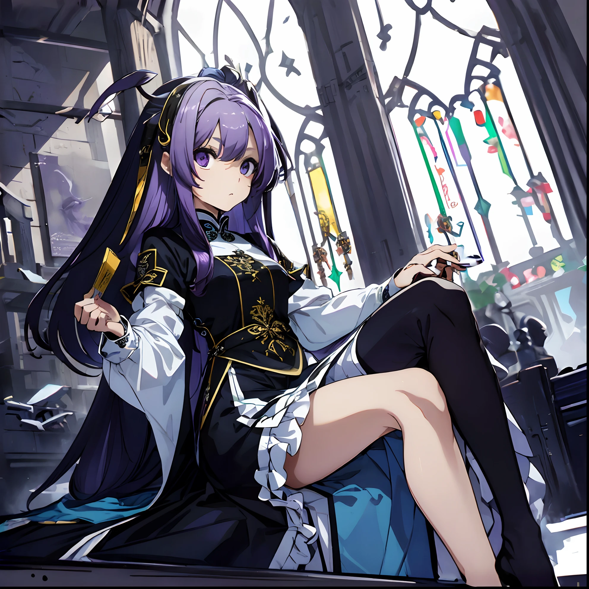 best qualtiy，tmasterpiece，Ultimate Resolution, long purple hair, navy cheongsam, blue ribbon hair ornament