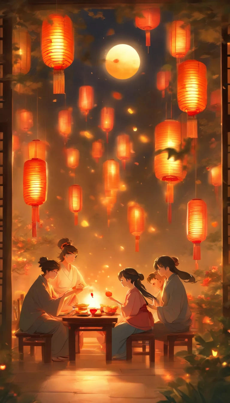The family sits together, Enjoy a festive dinner, Surrounded by a warm and comfortable atmosphere. The room was beautifully decorated,Equipped with lanterns, Symbolizes the joy of the Mid-Autumn Festival. The table is filled with a variety of delicacies, Includes traditional mooncakes. Moonlight shone through the windows, Cast a soft glow on everyone's face. The family smiled and talked, Express their love and happiness on this special occasion. The artwork is created with the finest materials, Such as oil painting or high-resolution digital rendering, Ensure the highest quality and detail. The colors are vivid and vibrant, Create visually stunning representations for holiday celebrations. Well designed lighting, Focus on capturing the warm and tranquil atmosphere of the evening. The artwork is a masterpiece, With ultra-fine elements and realistic, Photorealistic style. The moon in the night sky is depicted as a perfect circle, Represents the full moon of the Mid-Autumn Festival. The scene was full of fun, Love, and togetherness, Capture the essence of the festival.You can see the round moon hanging high