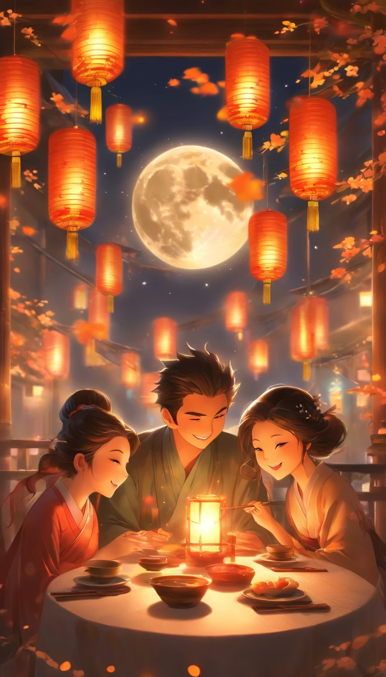 The family sits together, Enjoy a festive dinner, Surrounded by a warm and comfortable atmosphere. The room was beautifully decorated,Equipped with lanterns, Symbolizes the joy of the Mid-Autumn Festival. The table is filled with a variety of delicacies, Includes traditional mooncakes. Moonlight shone through the windows, Cast a soft glow on everyone's face. The family smiled and talked, Express their love and happiness on this special occasion. The artwork is created with the finest materials, Such as oil painting or high-resolution digital rendering, Ensure the highest quality and detail. The colors are vivid and vibrant, Create visually stunning representations for holiday celebrations. Well designed lighting, Focus on capturing the warm and tranquil atmosphere of the evening. The artwork is a masterpiece, With ultra-fine elements and realistic, Photorealistic style. The moon in the night sky is depicted as a perfect circle, Represents the full moon of the Mid-Autumn Festival. The scene was full of fun, Love, and togetherness, Capture the essence of the festival.You can see the round moon hanging high