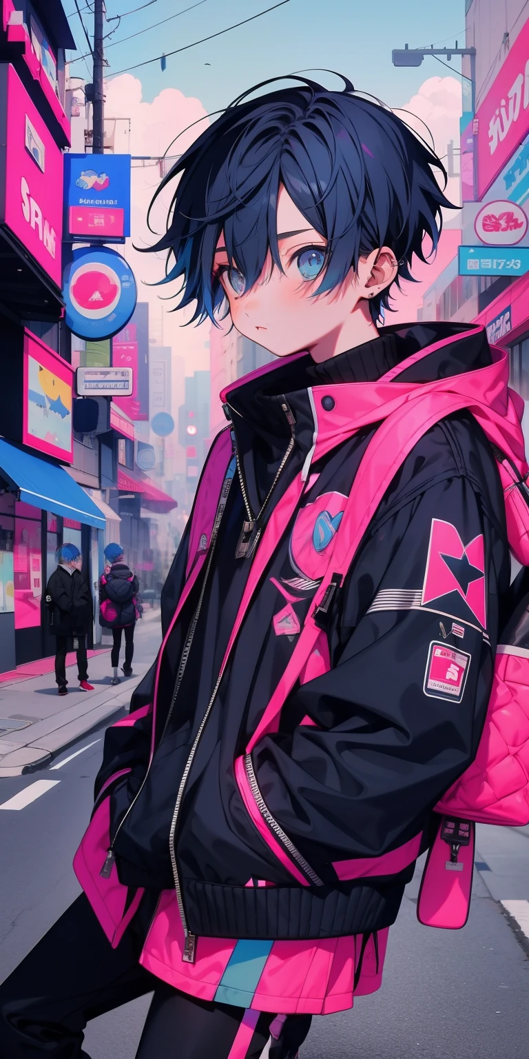 1 boy, (blue) hair, pink black jacket, riding a bike o street