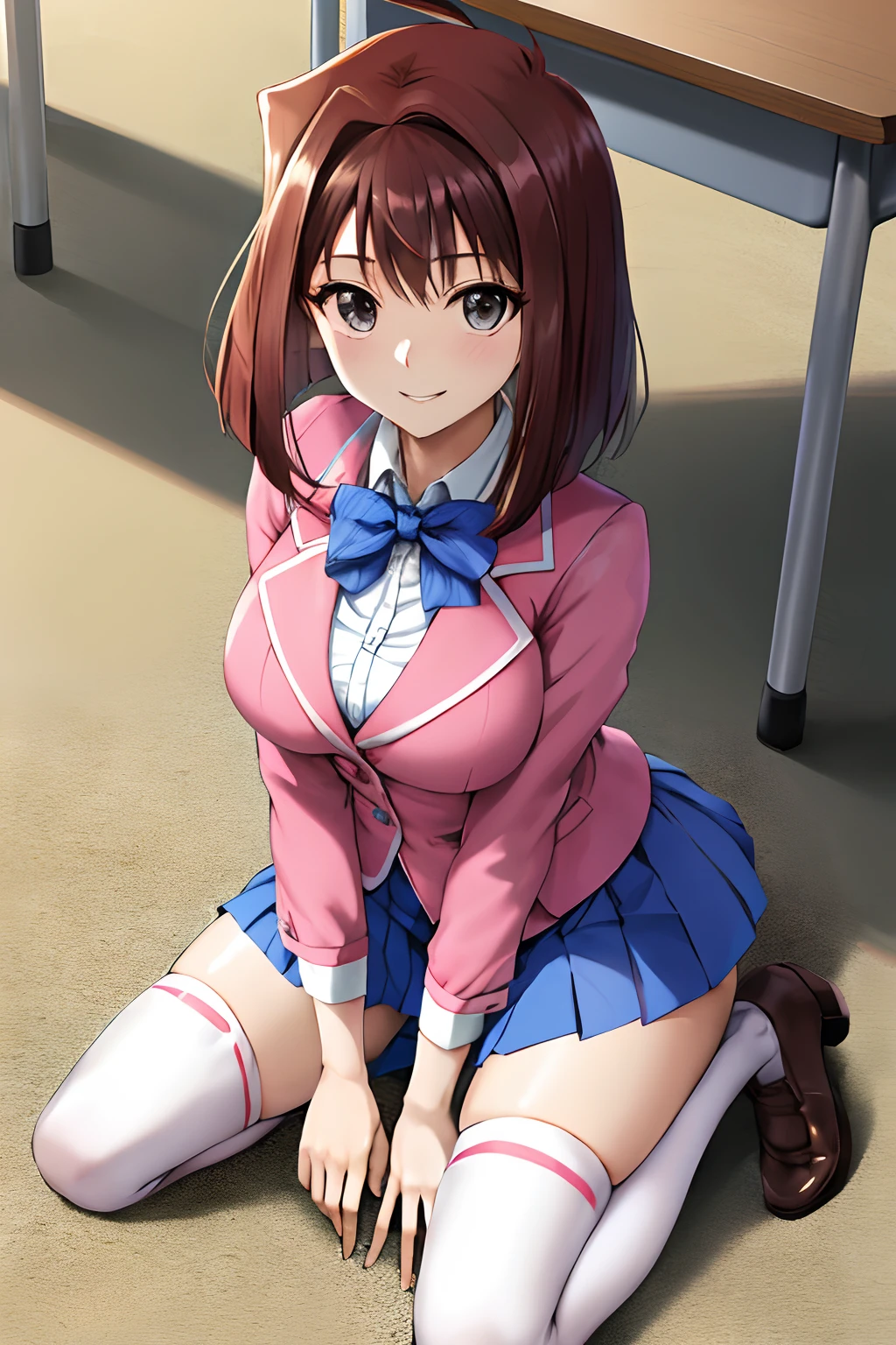 masutepiece, Best Quality, hight resolution, Aamasaki, (Antenna Hair:1.2), medium breasts, blue bowtie, Pink jacket, Blazer, Long sleeves, Blue skirt, Pleated skirt, Outdoors, Cowboy Shot, ((thigh-high socks)), Smile,Kneeling、Inside the classroom