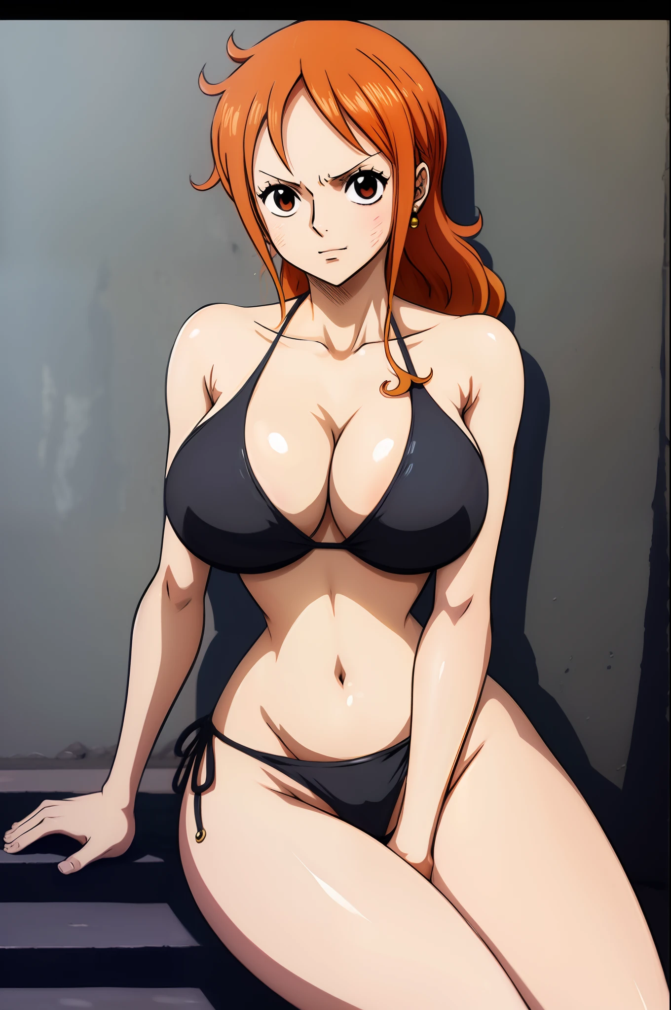 (ANIME ART STYLE), nami from one piece, brown eyes, wearing black bikini, blushing, sitting on nees, big breasts, wall background, full body head to feet, (NSFW), (ANIME ART STYLE),